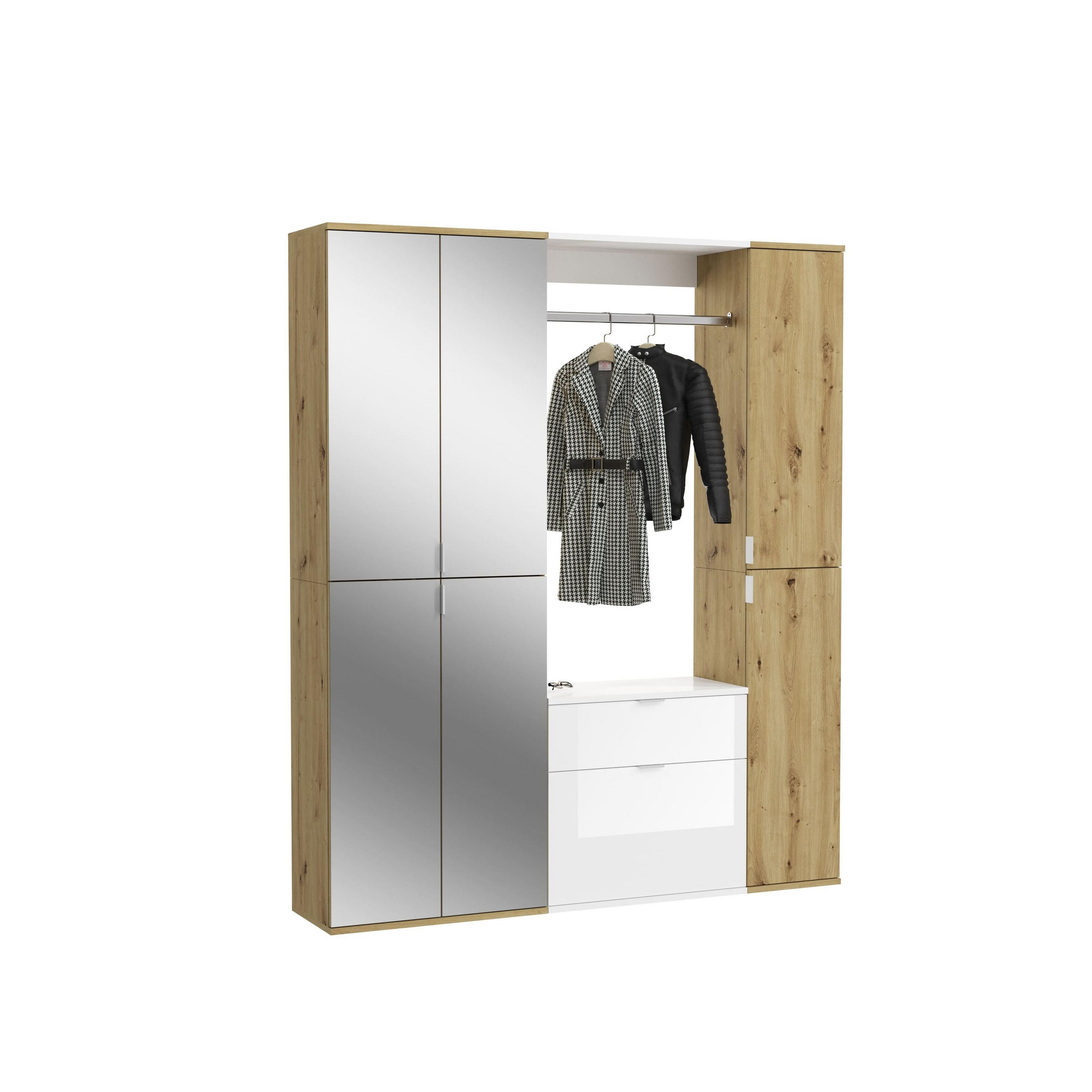GARDEROBEN-SET PROJEKT X 3-tlg. (B/H/T: ca. 152/193/34 cm) in Artisan Eiche Nachbildung / Weiß/Artisan Eiche Nachbildung / Spiegelglas - Eiche Artisan, Holzwerkstoff (152/193/34cm)