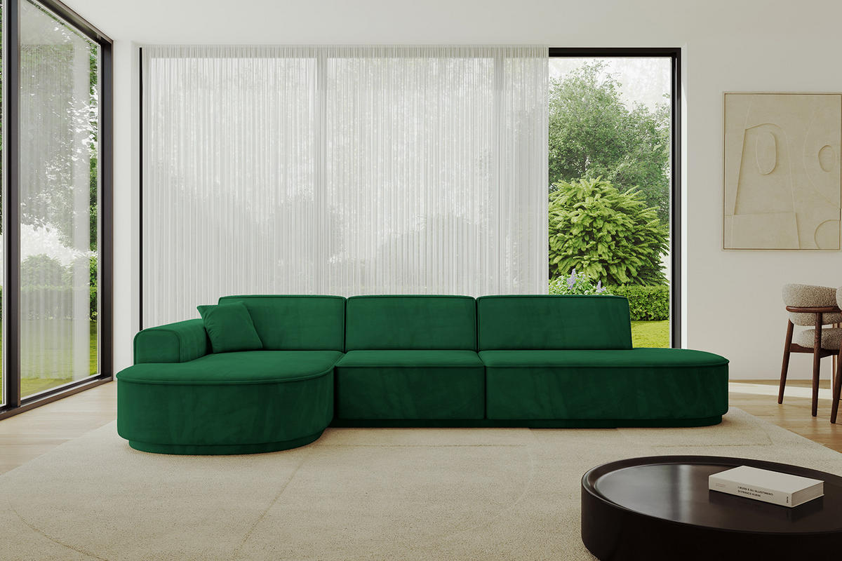 ECKSOFA Ottomane Links MARI-L2-v3 - 328x171x83 cm Dunkelgrün Velours - Dunkelgrün/Schwarz, Holzwerkstoff/Kunststoff (328/171cm) - ALTDECOR