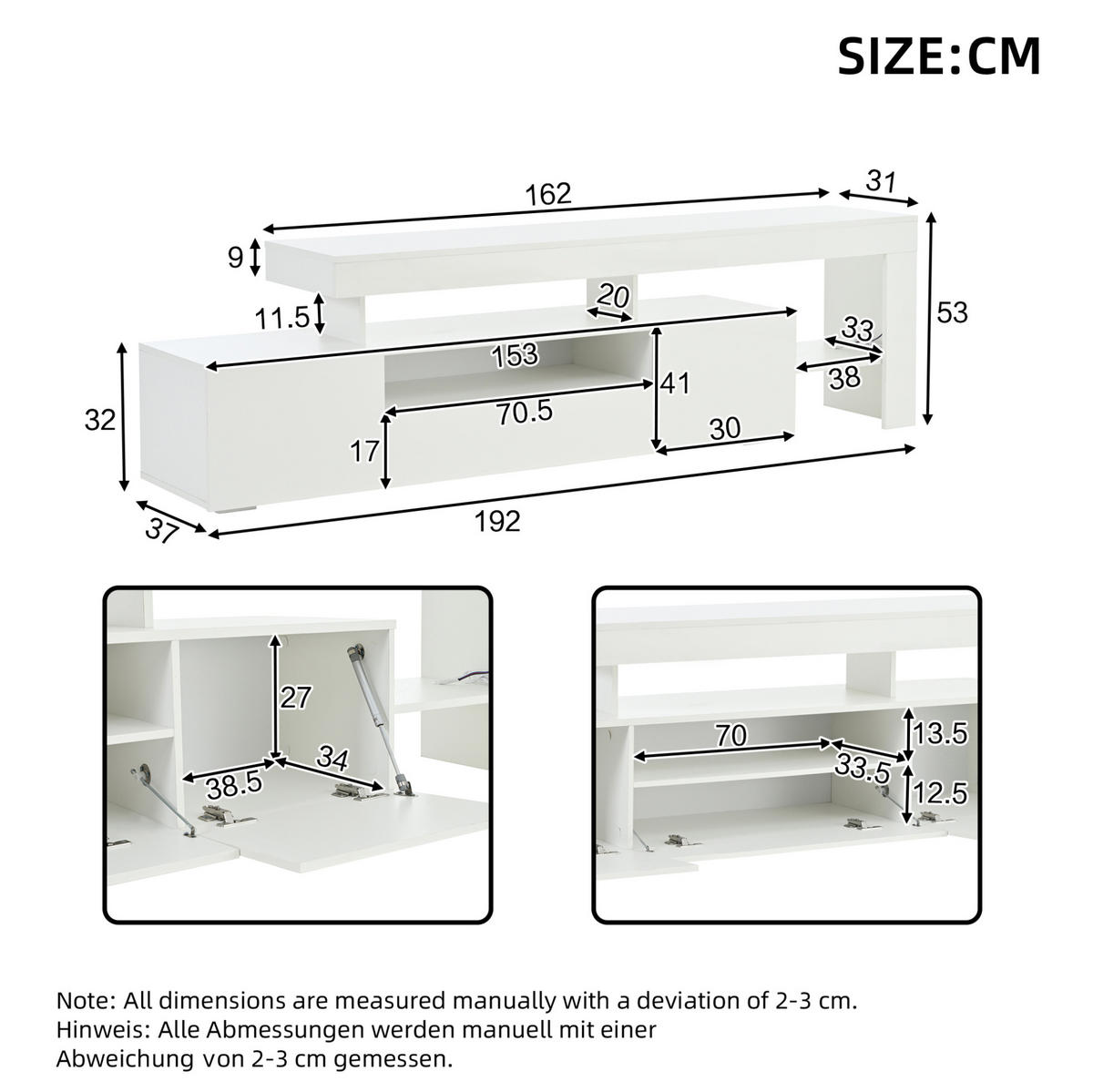 TV-LOWBOARD 192/37/53 cm mit 3 Klapptüren und LED-Beleuchtung - Weiß, Holzwerkstoff (192/53/37cm) - BEAOK