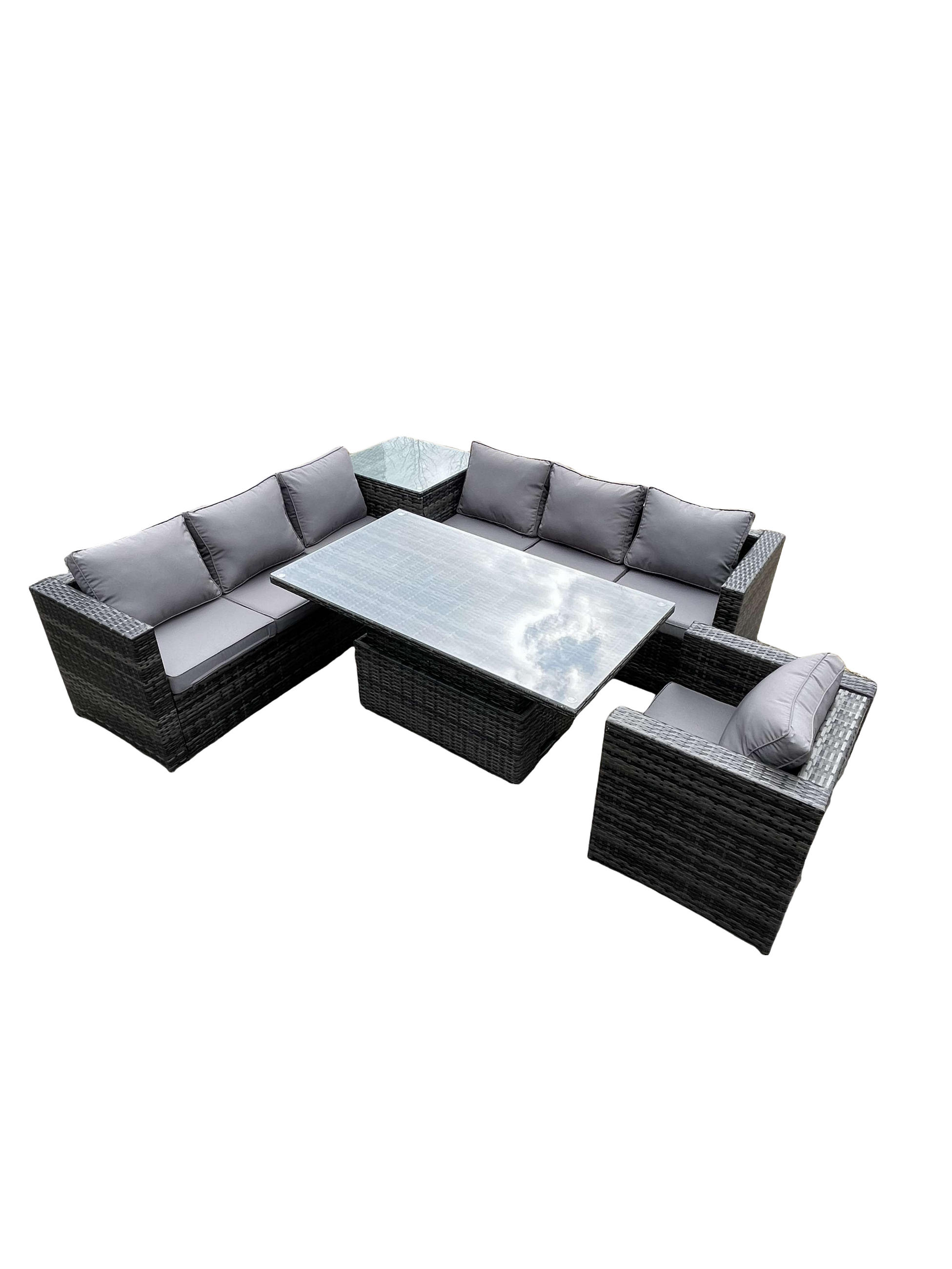 GARTENMÖBEL SET Polyrattan 7-Sitzer - Dunkelgrau/Grau, Glas/Kunststoff - Fimous