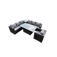GARTENMÖBEL SET Polyrattan 7-Sitzer - Dunkelgrau/Grau, Glas/Kunststoff - Fimous
