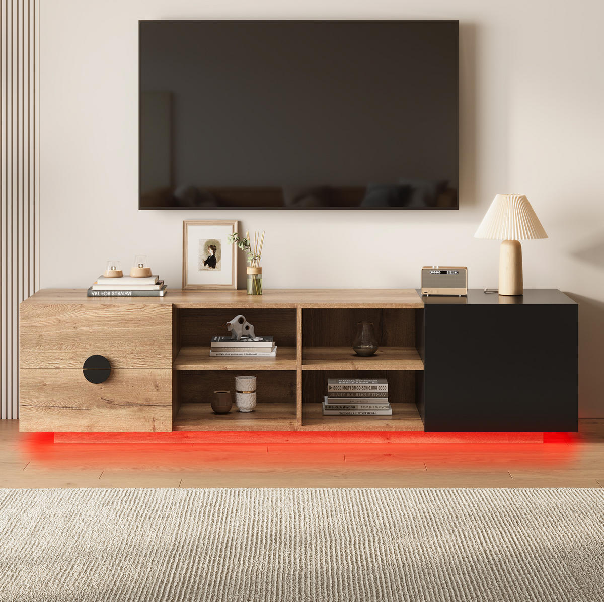 TV-LOWBOARD 180/38,5/47 cm mit Schublade, Schrankfach und LED-Beleuchtung - Schwarz, Holzwerkstoff (180/47/38.5cm) - BEAOK
