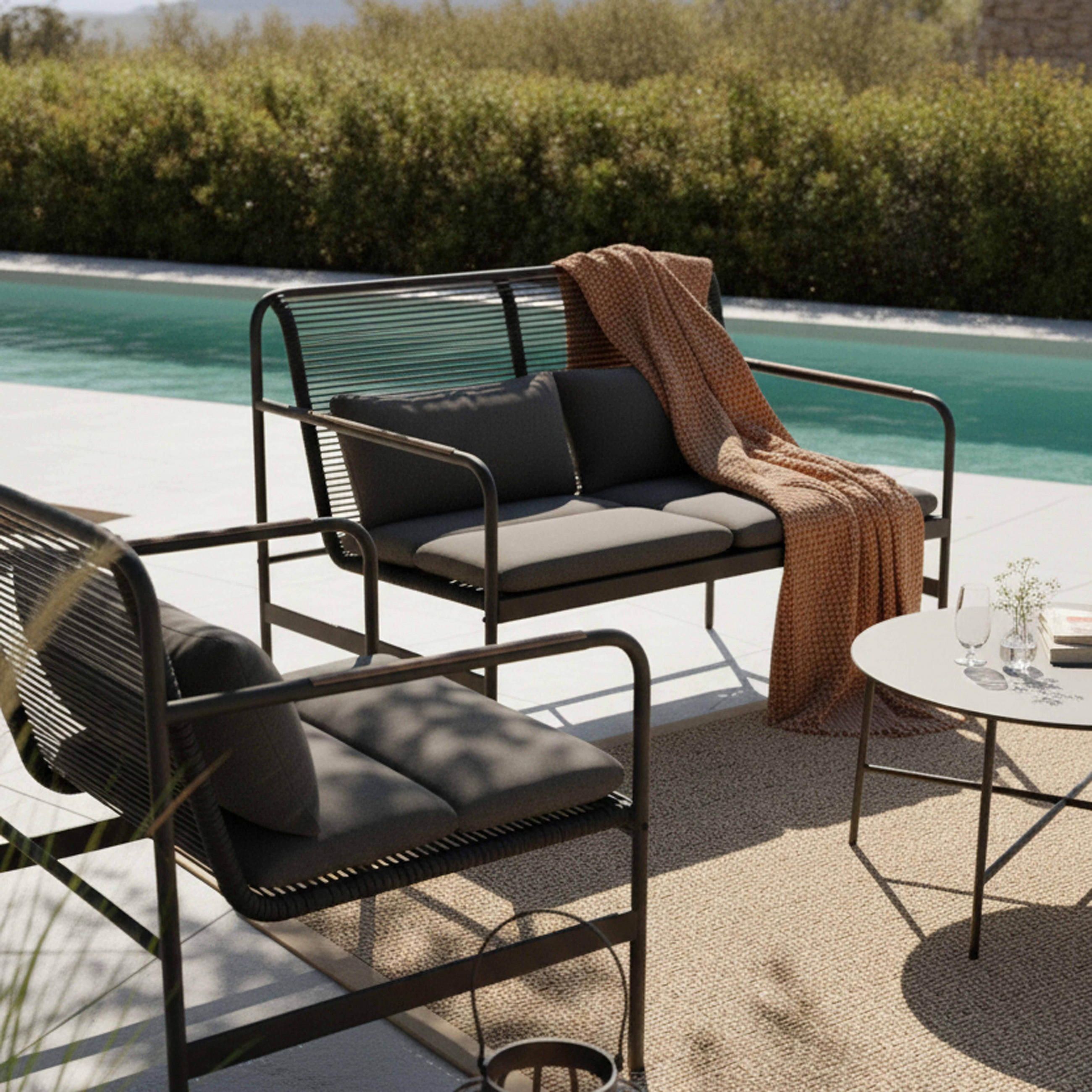 Thumbnail - Oviala Gartenmöbel, Schwarz, Textil, 1 Sofa und 2 Sessel, 4-Sitzer, rechteckig,Rechteckig, Loungemöbel, Gartenlounge-Set...