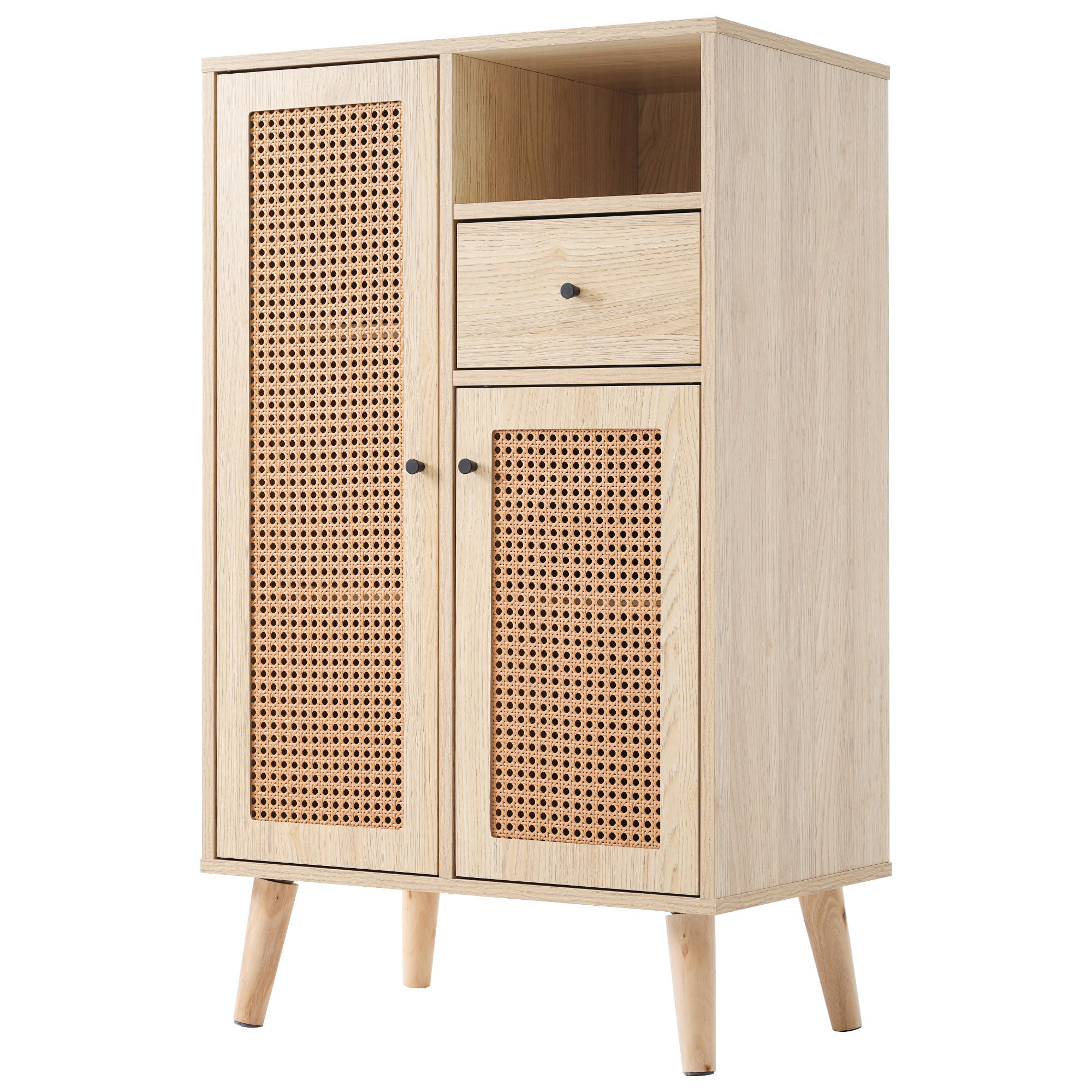 SIDEBOARD Eichenoptik mit Rattan-Türen und Massivholzfüßen 60 × 40 × 101 cm aus Spanplatte - Eichefarben, Holzwerkstoff (60/101/40cm) - Luhomfu