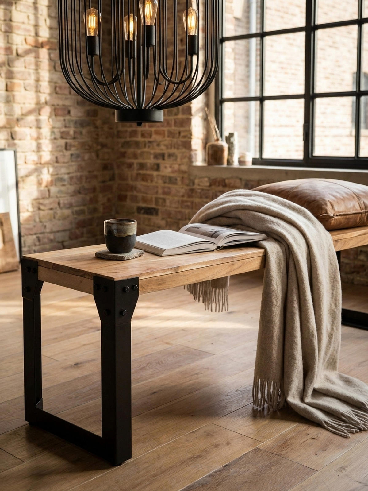 ESSZIMMERBANK Massivholz Metall ohne Lehne, Akazie 160x40x45 cm - Schwarz/Braun, Holz/Metall (160/45/40cm) - KADIMA DESIGN