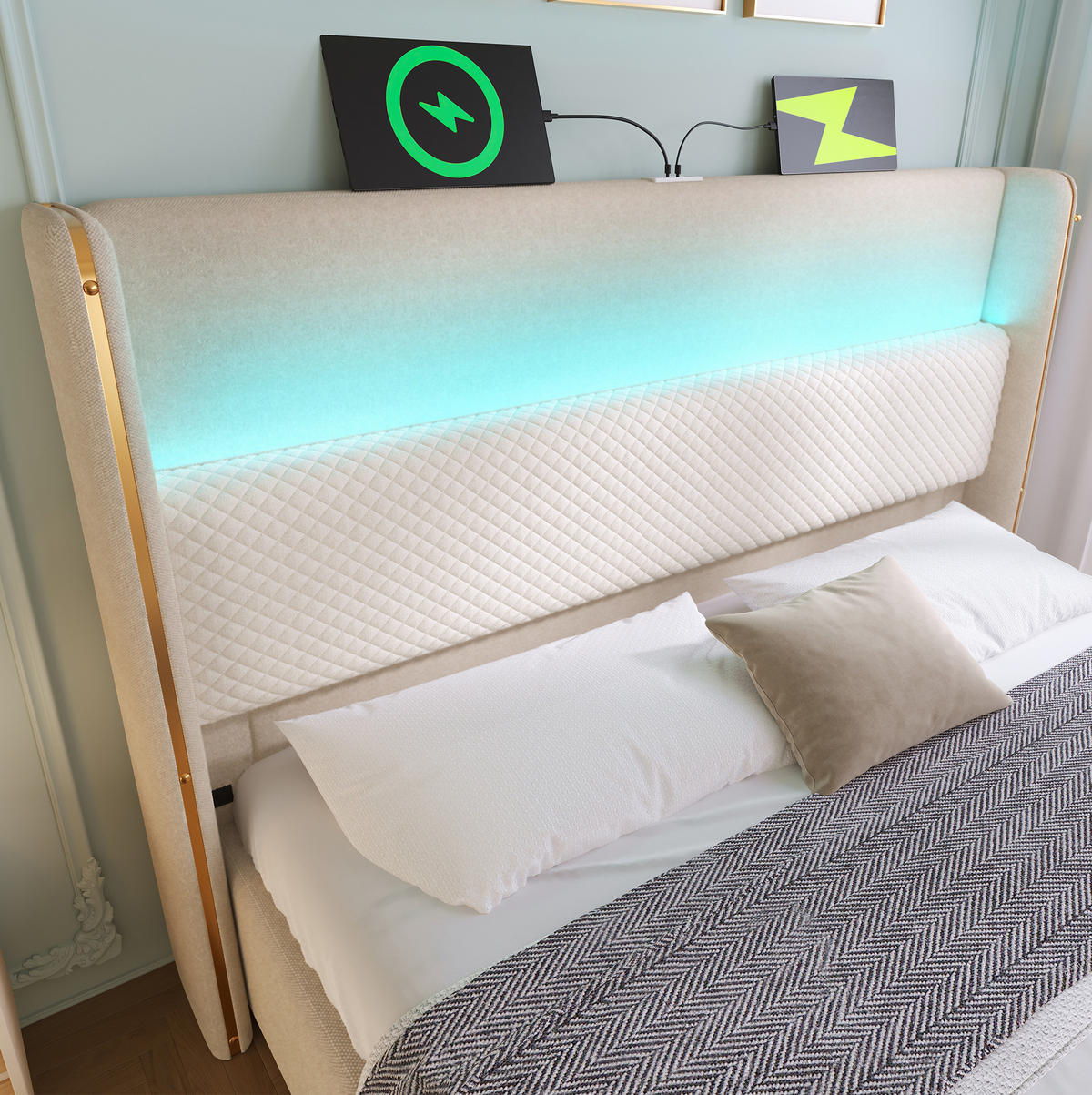 POLSTERBETT 180/200 cm mit hydraulischem Bettkasten, LED-Kopfteil & USB/Type-C, Beige - Beige, Textil (180/200cm) - Redom