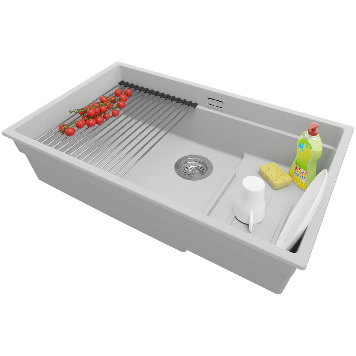 UNTERBAUSPÜLE GRANIT Praga, 2-er set Grau 76/47 cm 1 Becken + Ablauf-Set + Aufrollbare Abtropffläche ab 80er Unterschrank - Chromfarben/Grau, Kunststoff (76/20/47cm) - Primagran