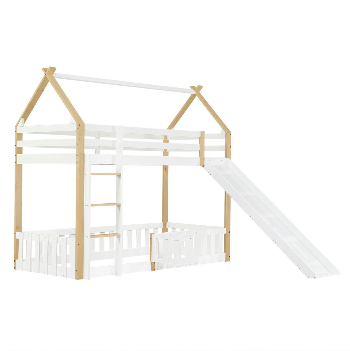 ETAGENBETT 90/200 cm mit Rutsche, Dachform, Freiraum mit Zaun und Leiter, Weiß/Natur - Weiß, Holzwerkstoff (90/200cm) - Redom