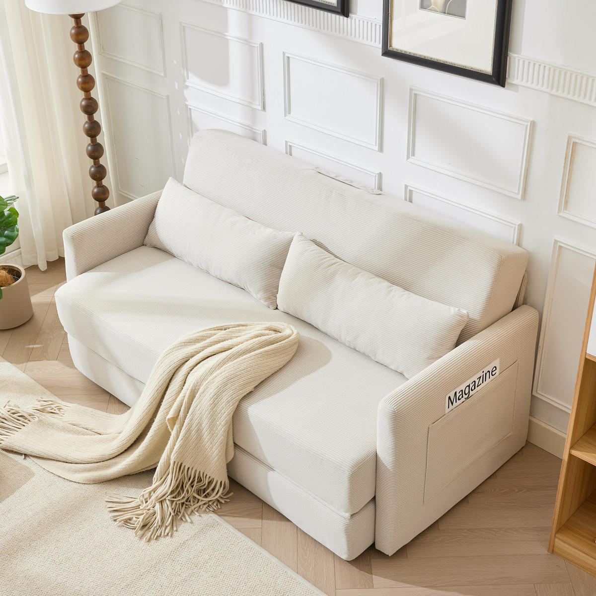 2-SITZER SCHLAFSOFA 2-Sitzer Cord Beige mit 2 Lendenkissen und Magazintaschen - Beige, Holzwerkstoff/Textil (165/67/212cm) - WISHDOR