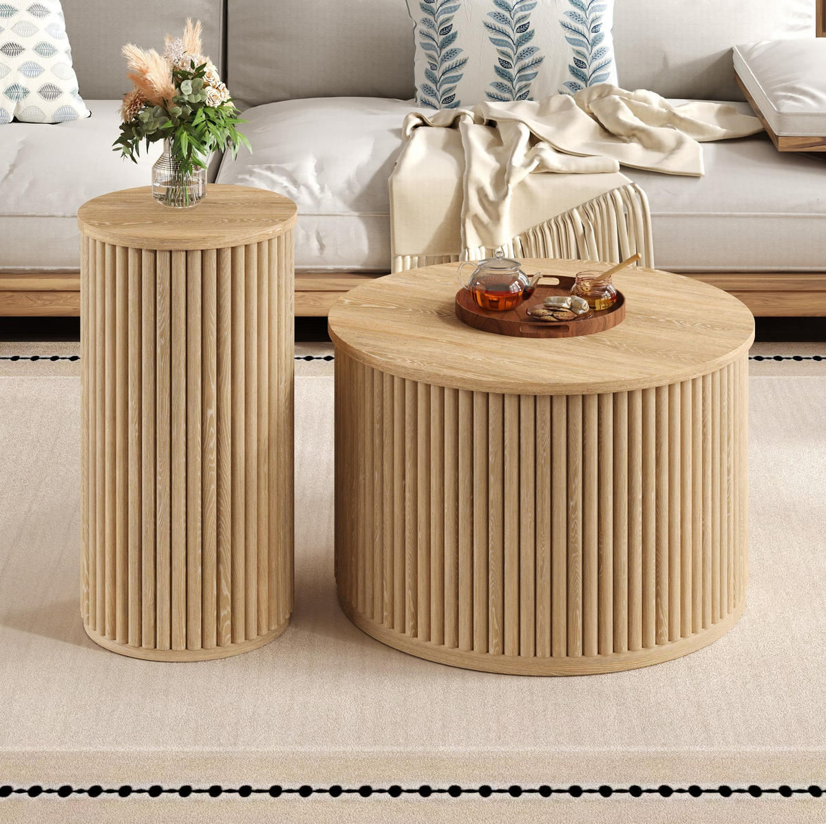 SET klubskih stolića 60/60/38,5 i 30/30/56 cm prirodne boje od MDF-a s 3D prugastim uzorkom - prirodne boje, drvni materijal (60/60/38.5cm) - OKWISH