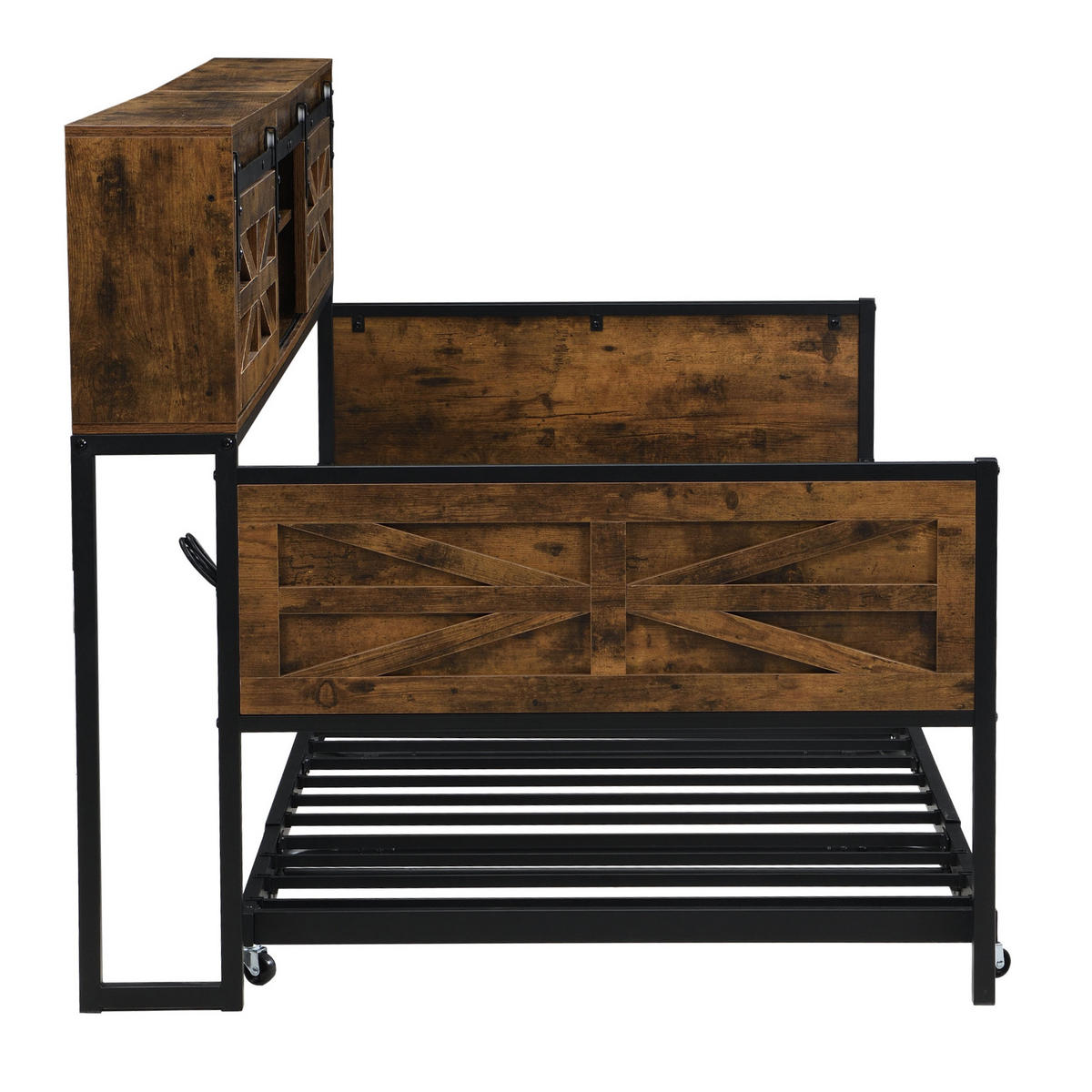 BETT Eisen 90/200 cm mit multifunktionalen Steckdosen und Stauraum Schwarz + Braun - Hellbraun, Holz (90/200cm) - OKWISH