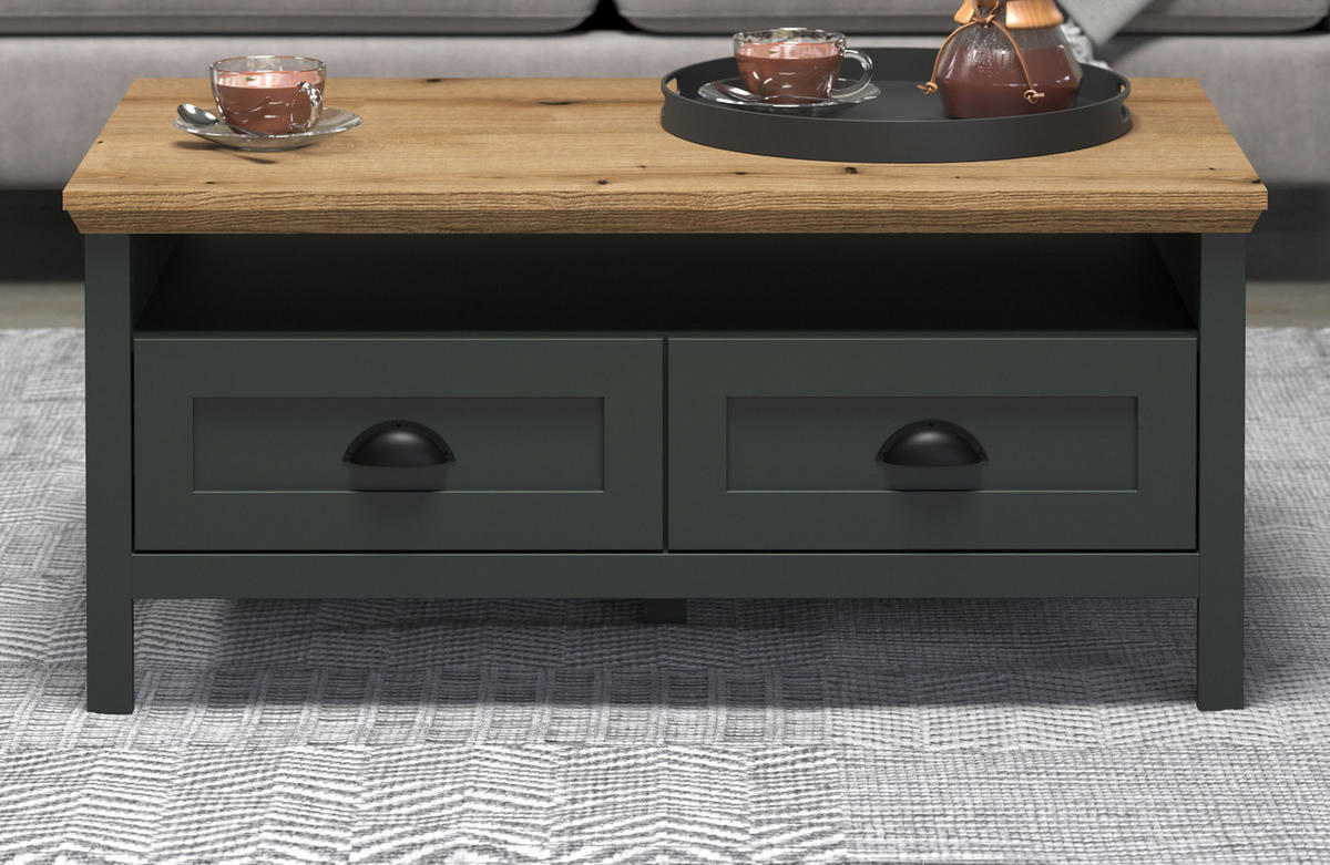 COUCHTISCH grün, Evoke Eiche Landhaus 101 x 60 cm, Beistelltisch mit Schubkästen - Eichefarben/Schwarz, Holzwerkstoff/Kunststoff (60/101/45cm) - Top.Furn