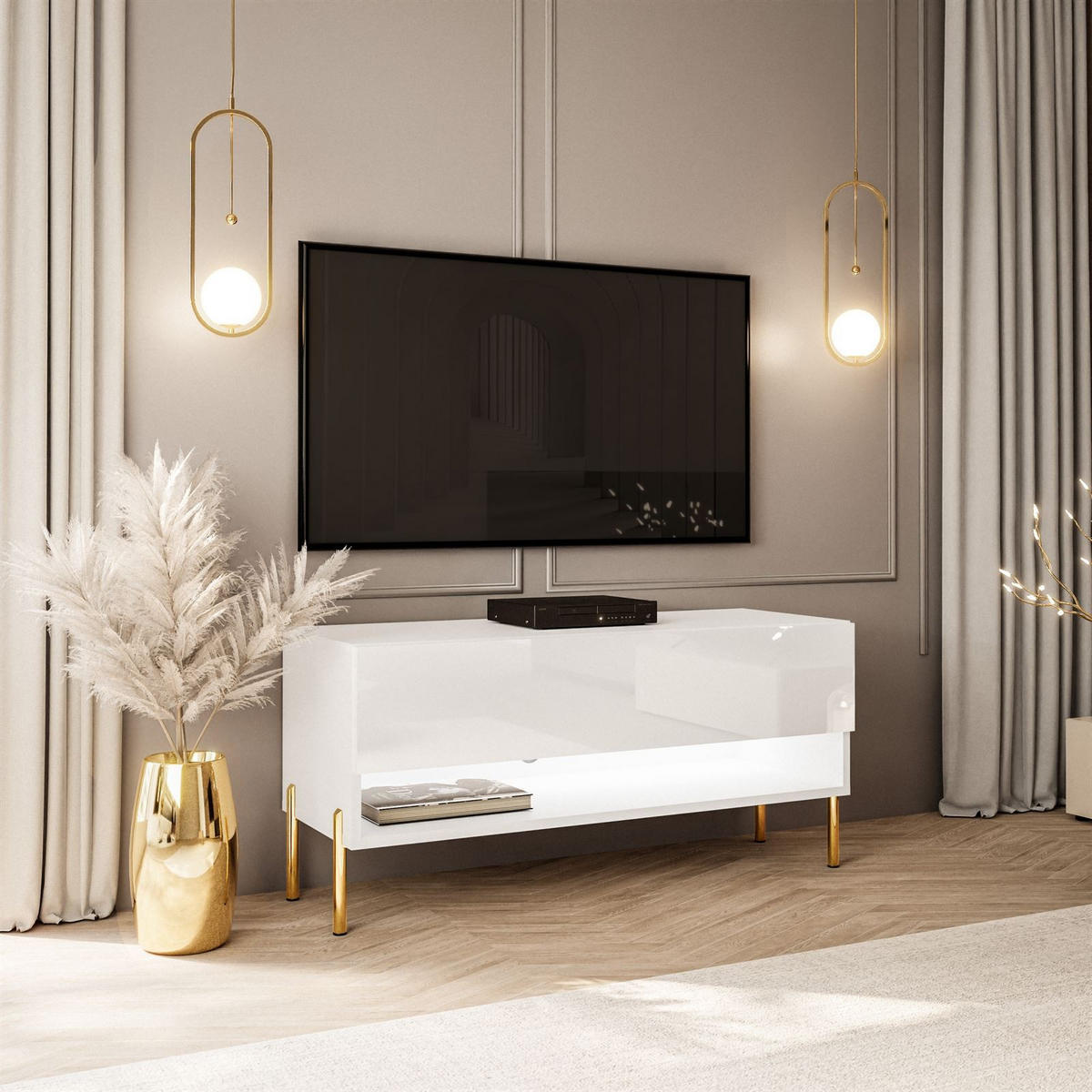 LOWBOARD TV-Schrank CALANTE 90 cm auf geraden goldenen Chrom-Beinen - Weiß Hochglanz/Goldfarben, Holzwerkstoff/Metall (90/44/35cm) - Lookway