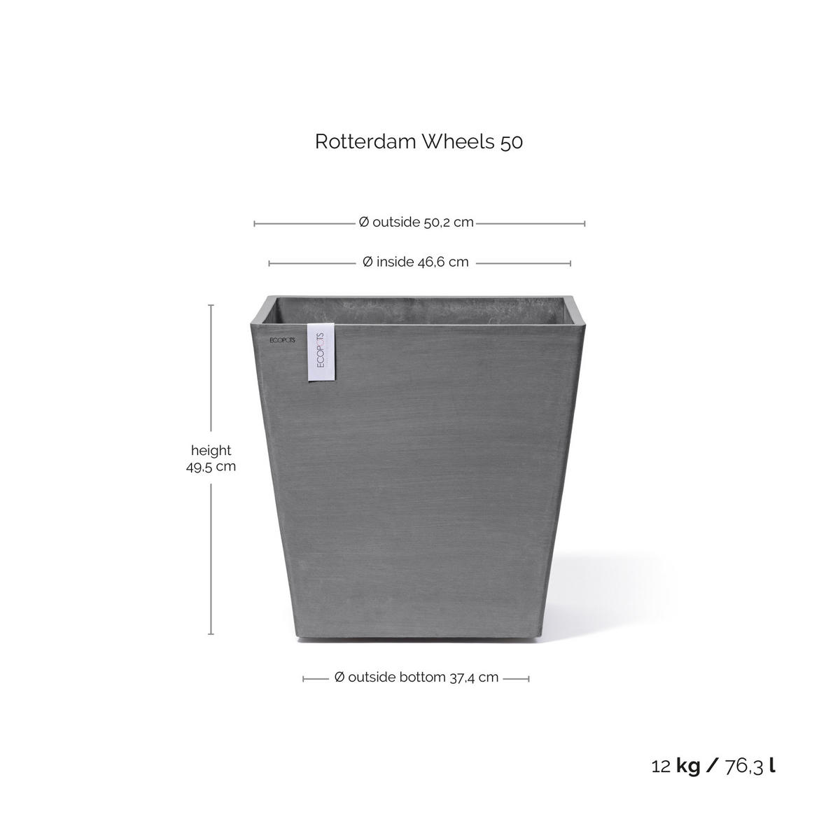 BLUMENTOPF Rotterdam Wheels 50,2/50,2/49,5 cm Grau - Grau, Kunststoff (50.2/49.5cm) - Ecopots
