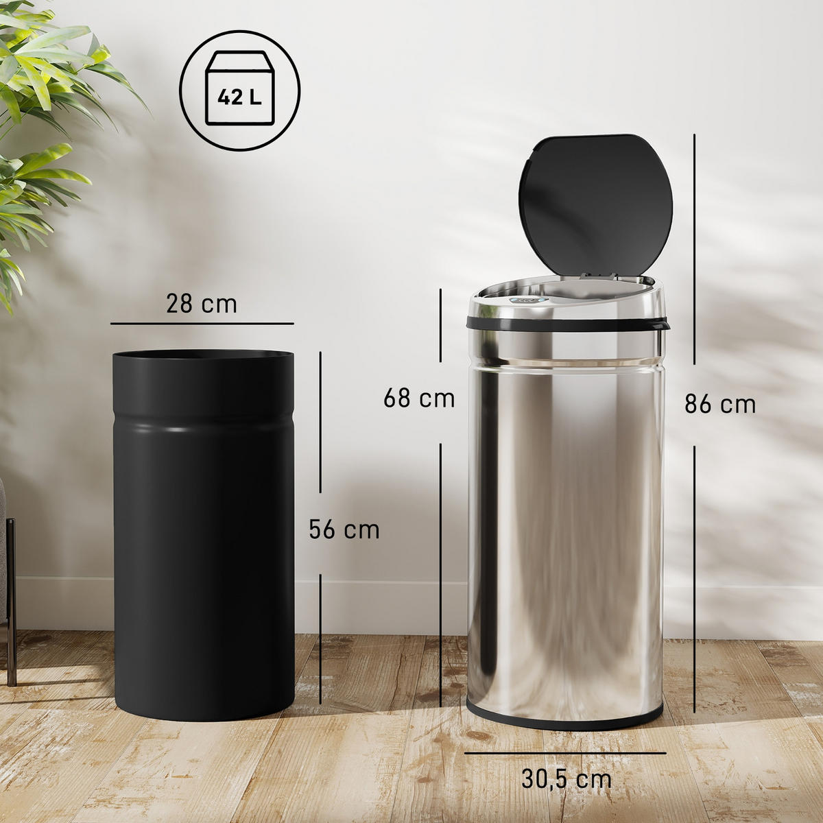 MÜLLEIMER 42L Automatischer Abfalleimer aus Metall Silber 30,5/68/30,5 cm - Silberfarben, Metall (30.5/68/30.5cm) - Rolipo