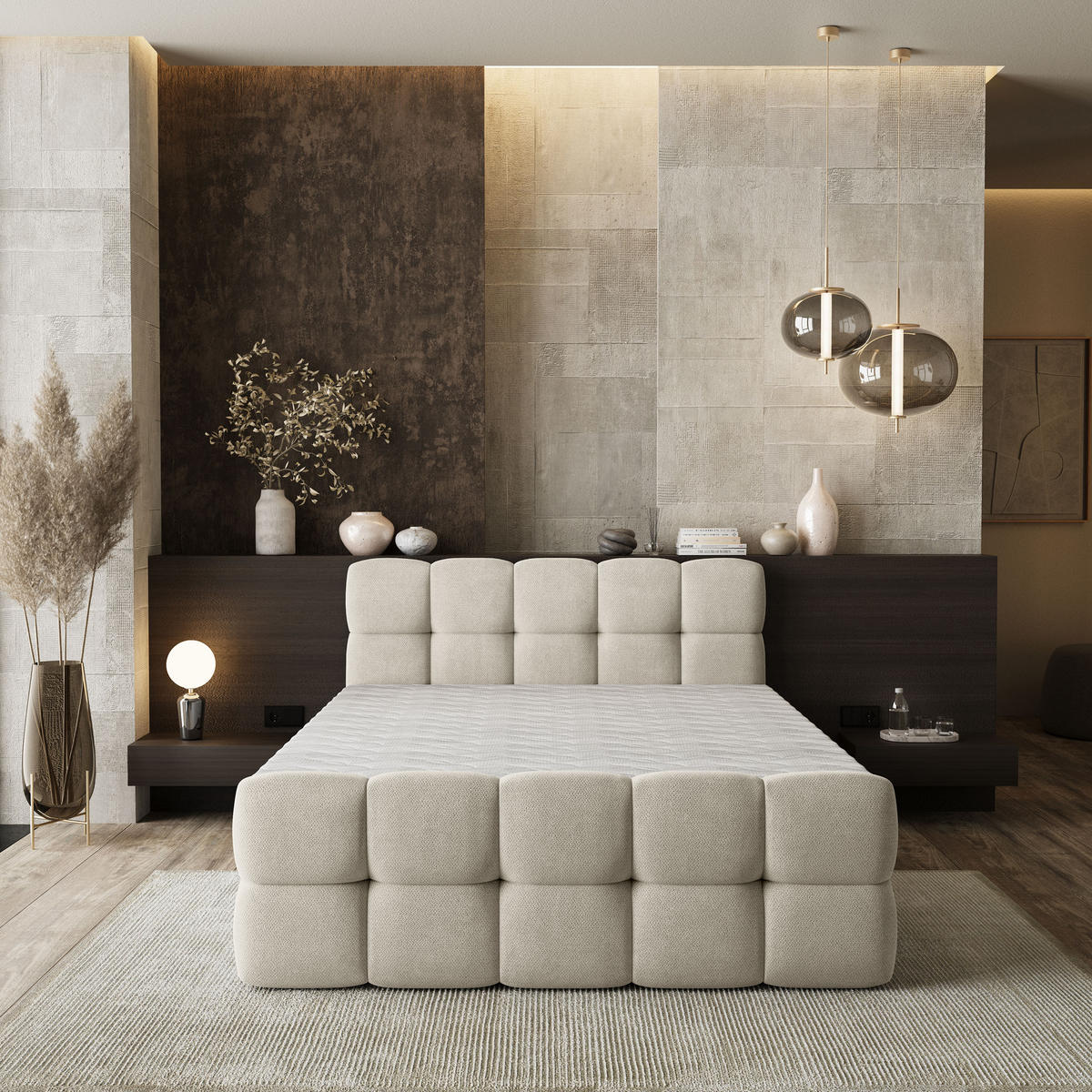 BOXBETT BRUME 160x200 cm mit Matratze und Topper, H2+H3 - Creme - Creme, Holz (160/200cm) - MASSENO