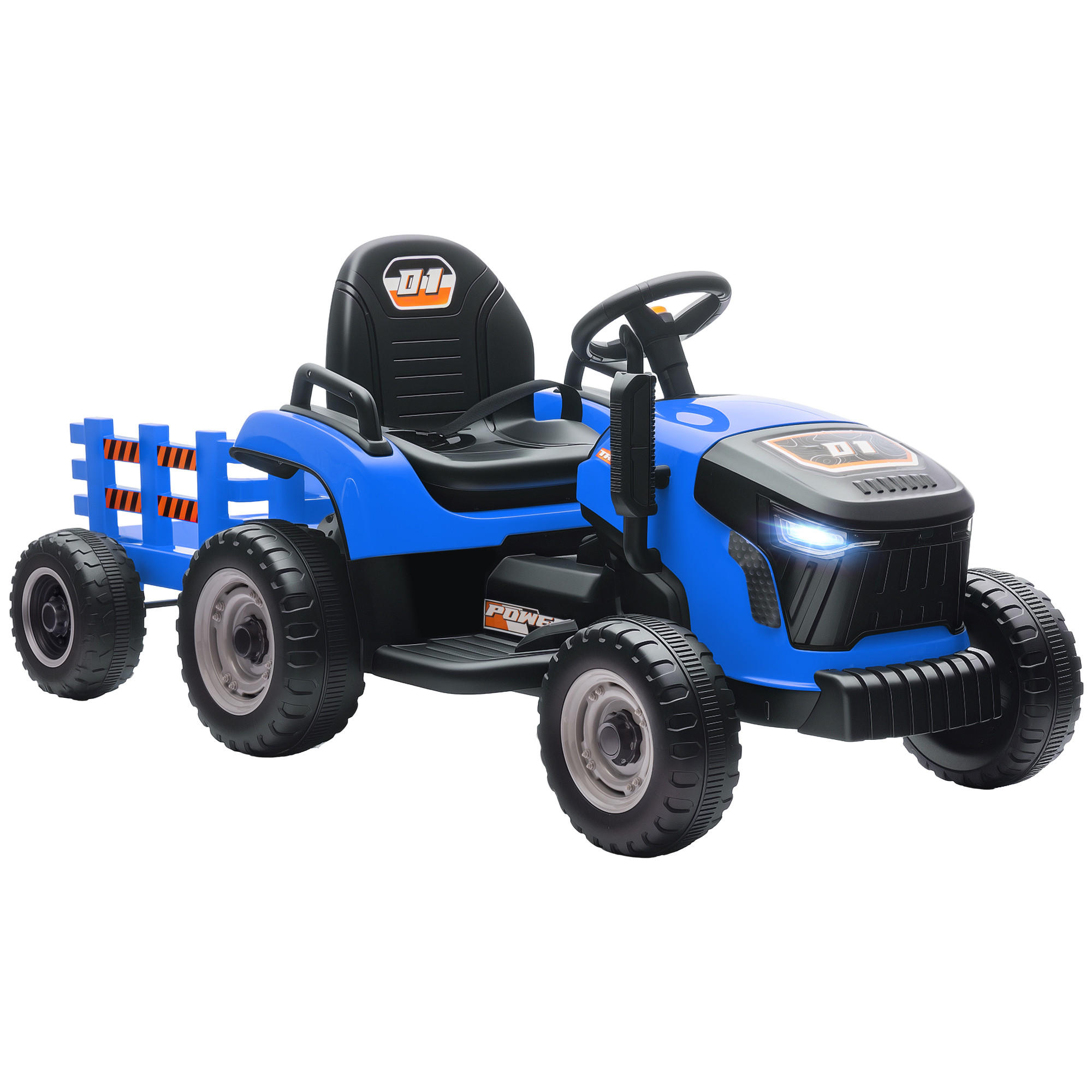 KINDER-ELEKTROTRAKTOR 3-Gang mit Anhänger, 2 Motor, für 3-8 Jahre, Blau - Orange, Metall (139/58/55cm) - AIYAPLAY