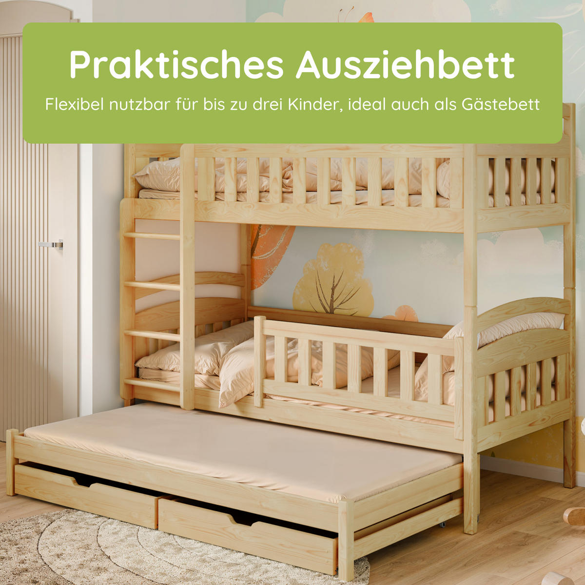 ETAGENBETT Ebba mit Ausziehbett und zwei Schubladen - Naturfarben, Holz (90/200cm) - Kids Collective