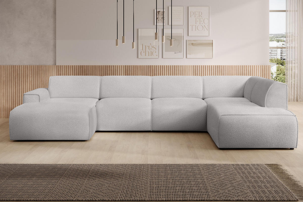 WOHNLANDSCHAFT Didim Hellgrau 378/220/78 cm – großes Sofa stilvoll & bequem R - Hellgrau/Schwarz, Kunststoff/Textil (378/78/220cm) - AX Living