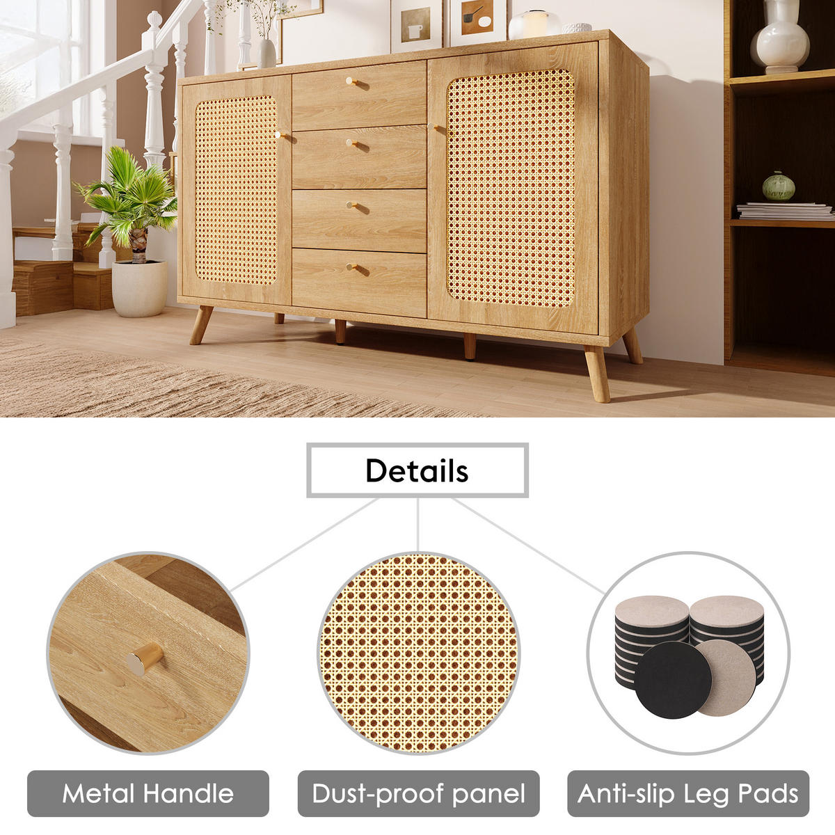 SIDEBOARD 140x40x86 cm Helle Eiche mit Rattan und Schubladen - Eichefarben, Holz (140/86/40cm) - FLIEKS