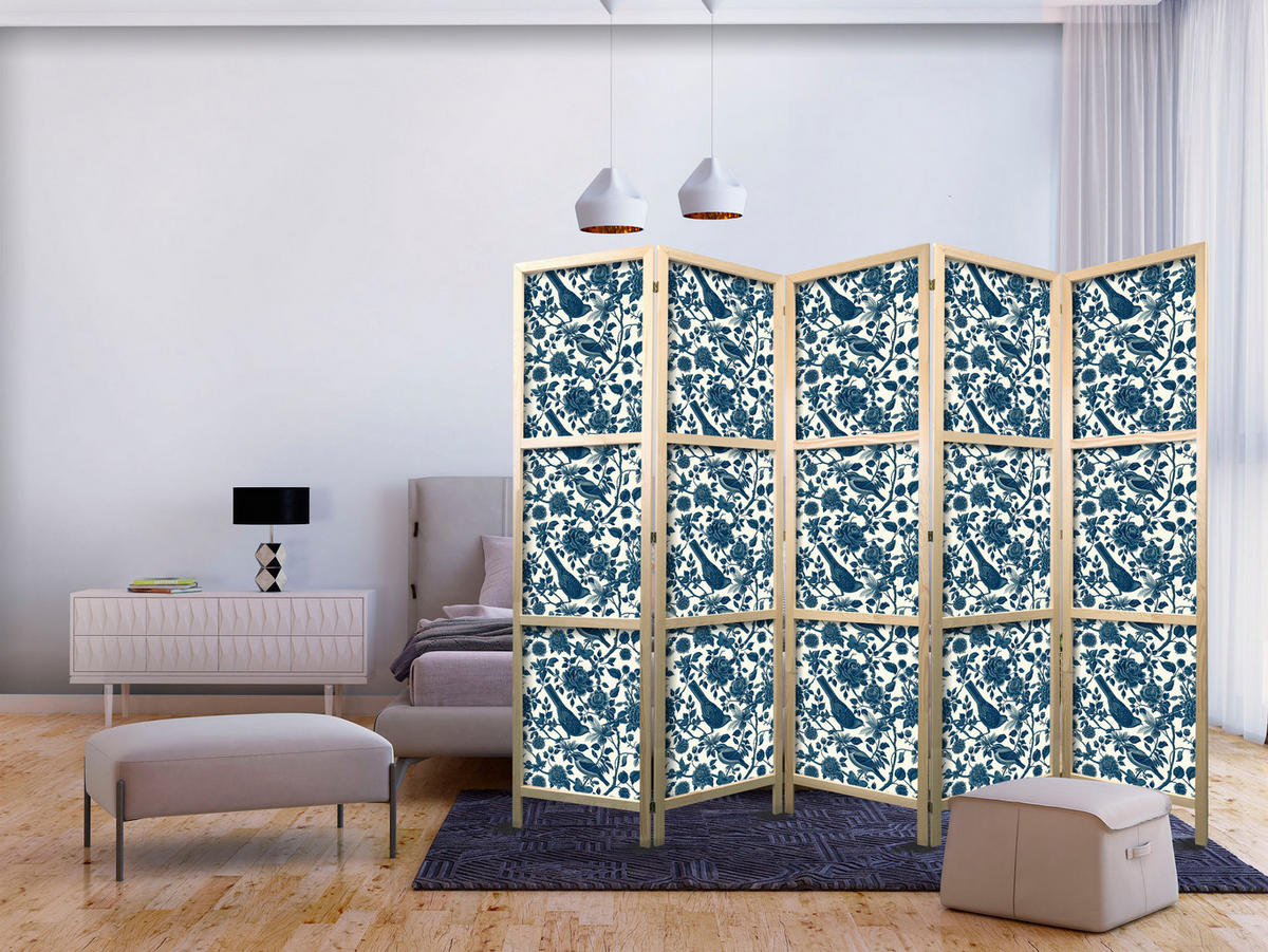 PARAVENT Japanischer 5-tlg 225x172 cm Blumen und V gel - Blau, Holz/Textil (225/172/3cm) - Muralo