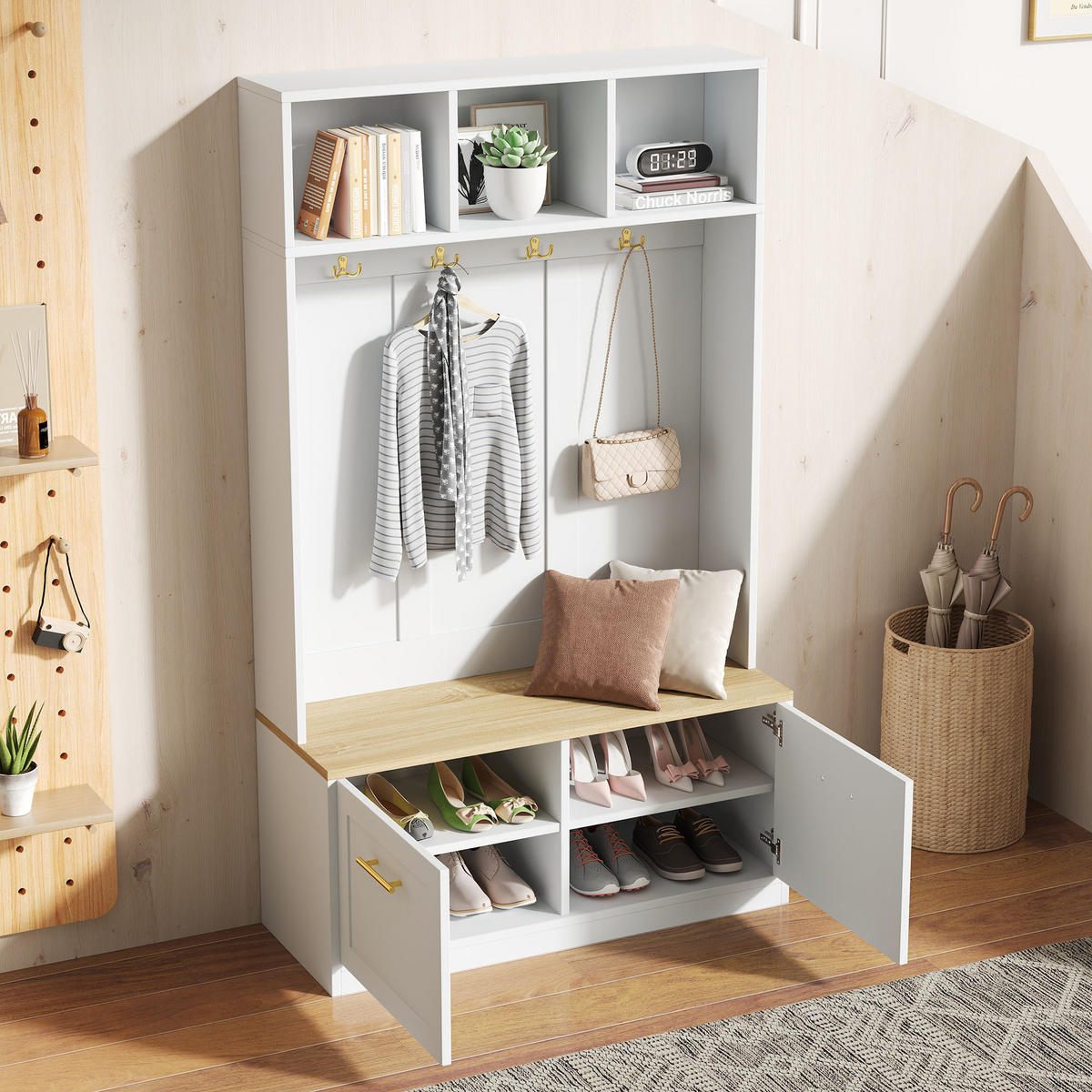 GARDEROBENSET Kompakt mit Sitzbank Natur Weiß 105x40x180cm 4 Haken - Multicolor, Holzwerkstoff (40/180/105cm) - FLIEKS