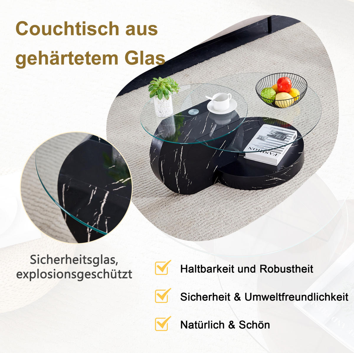 COUCHTISCH aus MDF und Glas 89x89x43 cm Schwarz/Transparent mit mehrstufigen Ablageflächen - Schwarz, Glas (89.9/89.9/43.2cm) - IVMEU