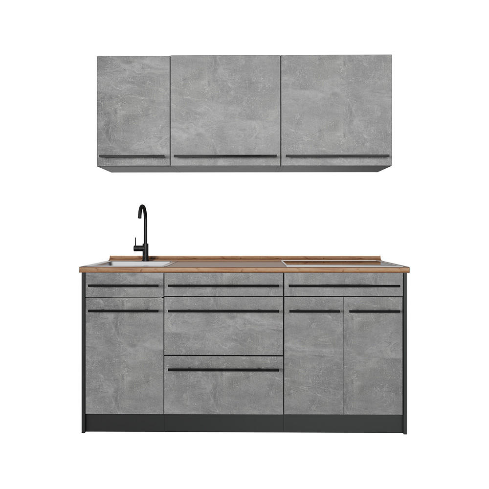 SINGLEKÜCHE R-Line, Beton/Anthrazit, 160 cm Arbeitsplatte Goldkraft Eiche - Anthrazit/Grau, Holzwerkstoff (160/81.6/60cm) - Vicco