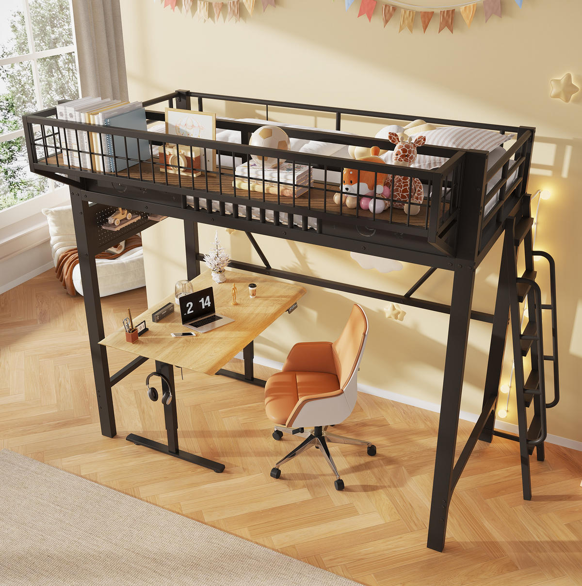 HOCHBETT aus Metall 90x200 cm Schwarz mit Staufächern und offener unterer Ebene - Schwarz, Metall (90/200cm) - Modfu
