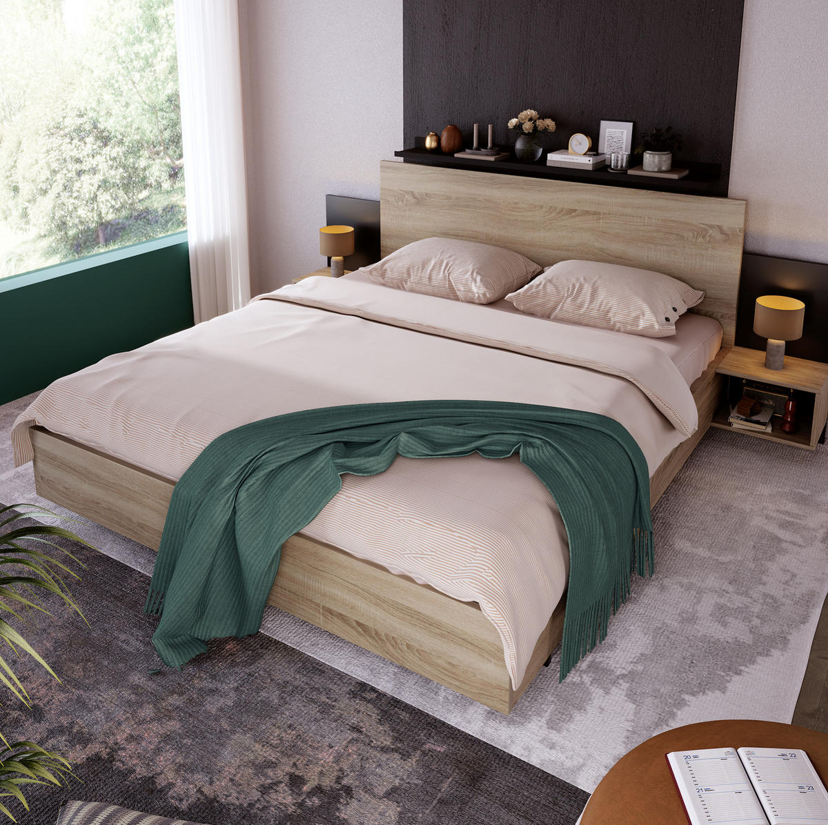 DOPPELBETT 160/200 cm mit 2 integrierten Nachtkommoden und Lattenrost, Massivholz in Sonoma-Eiche/Dunkelgrau - Dunkelgrau, Holz (160/200cm) - Redom