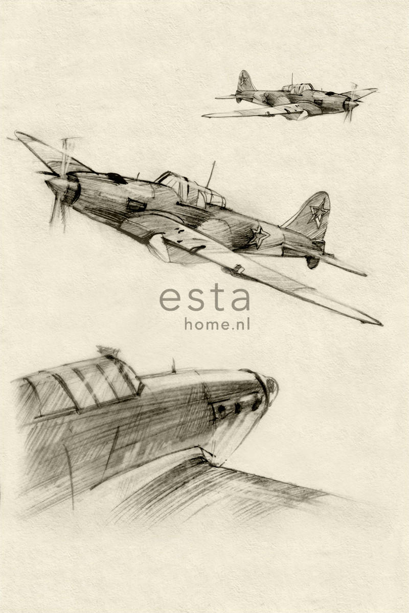 FOTOTAPETE Flugzeugzeichnungen 186 x 279 cm - Beige, Papier (186/279cm) - ESTAhome