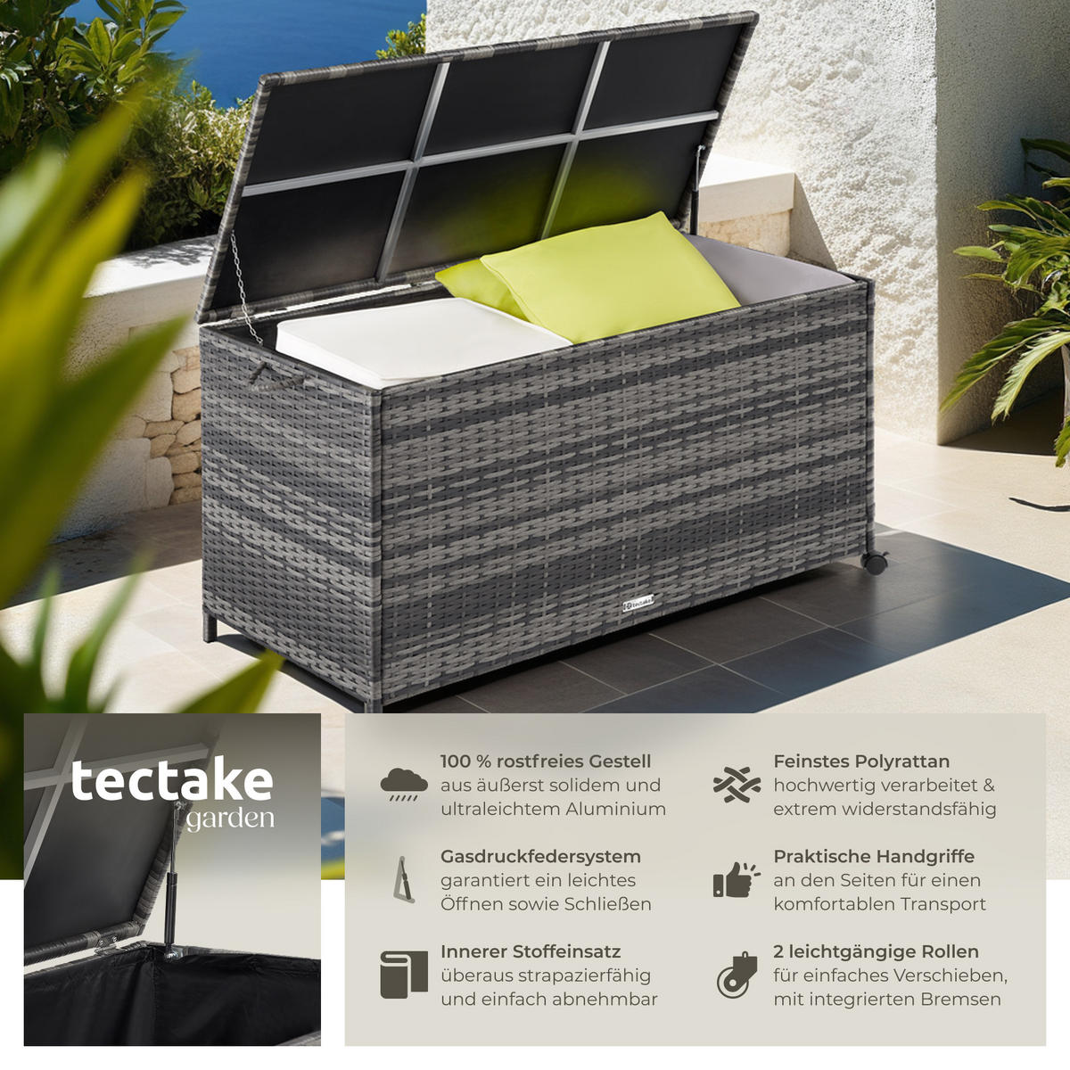 AUFLAGENBOX Kuusamo,117 x 54 x 64 cm,grau - Grau, Kunststoff (54.5/63/117cm) - tectake