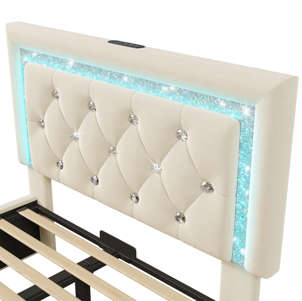 POLSTERBETT 90/200 cm Beige aus Samt mit LED und Stauraum - Beige, Textil (90/200cm) - OKMYHOME
