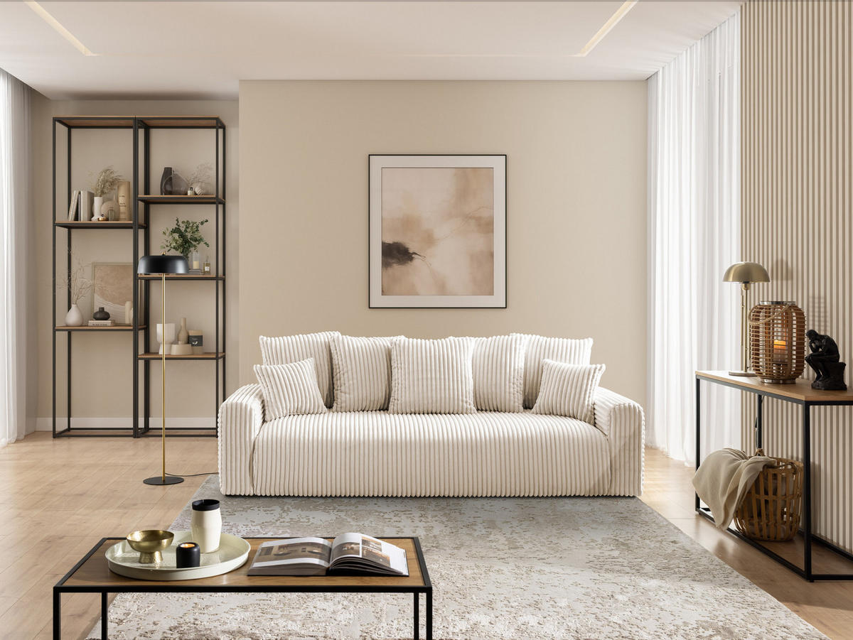 SCHLAFSOFA Calma mit Bettkasten im Bumpy-Design aus weichem Creme Plüschcord - Creme/Schwarz, Holz/Kunststoff (239/88/98cm) - S-Style