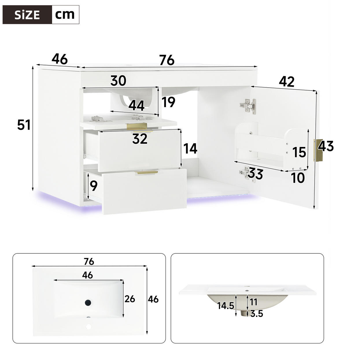 BADEZIMMERSCHRANK MDF 76x46x51 cm Weiß mit LED-App-Steuerung, Keramikwaschbecken, Wandmontage - Weiß, Holzwerkstoff (76/51/46cm) - Modfu