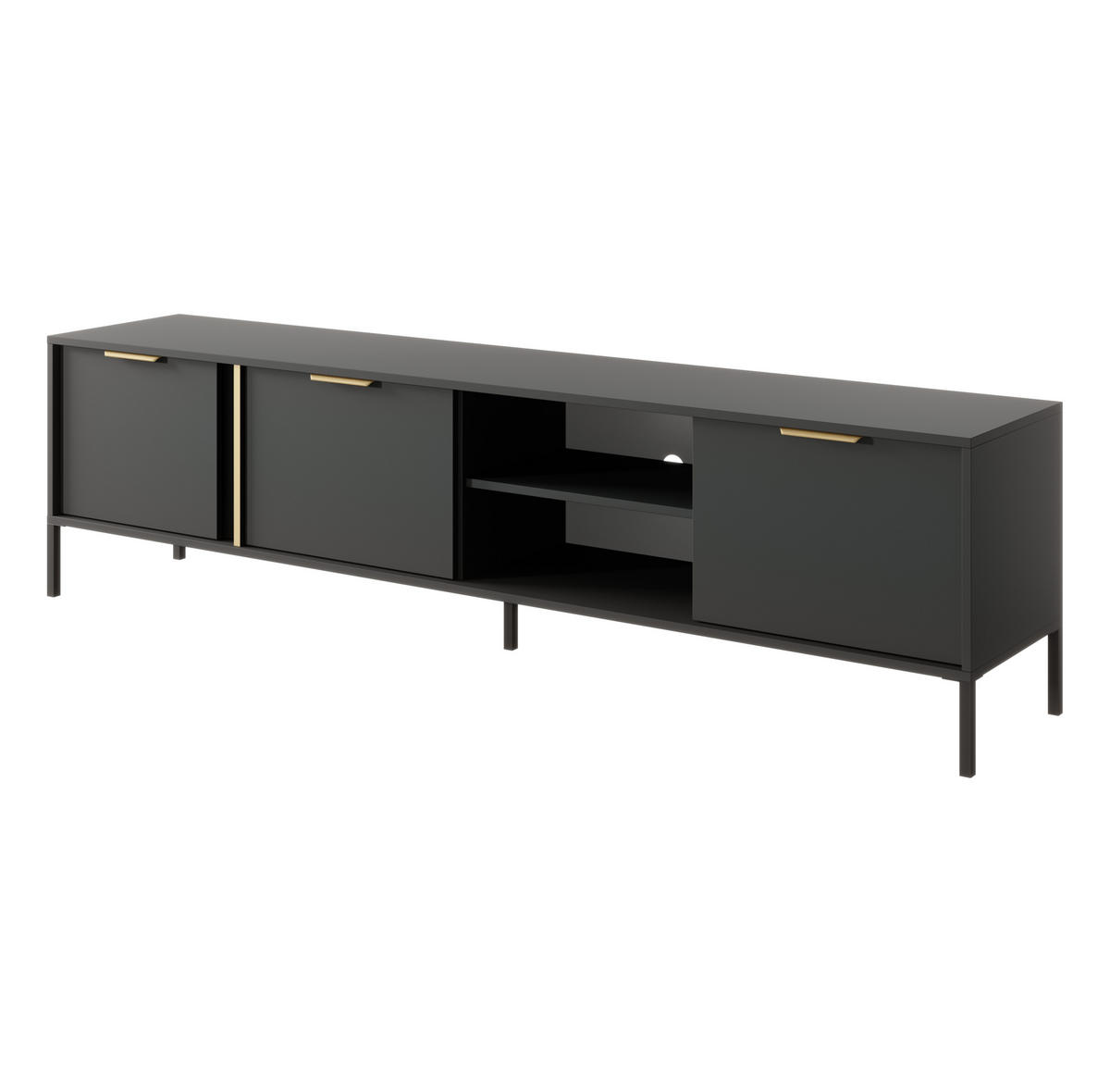 LOWBOARD Catanian 3T Grau 202,9/53,4/39,5 cm – mit goldenen Griffen und schwarzen Beinen - Schwarz/Grau, Holzwerkstoff/Metall (202.9/53.4/39.5cm) - AX Living