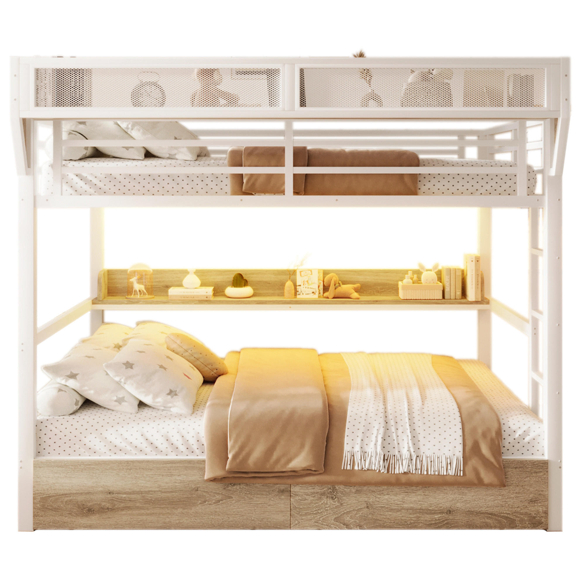 ETAGENBETT 140/200 cm aus Metall und MDF mit LED-Licht und Stauraum Weiß - Weiß, Holzwerkstoff (140/200cm) - Modenvie