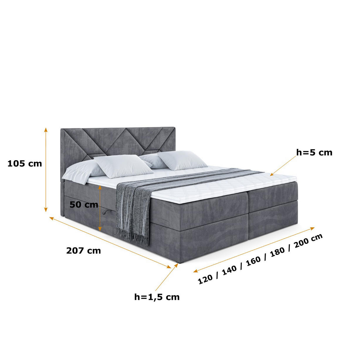 BOXBETT mit Matratze H3 und Lattenrost - BARWA - 200 x 200 Dunkelgrau - Dunkelgrau, Holzwerkstoff (200/200cm) - ALTDECOR