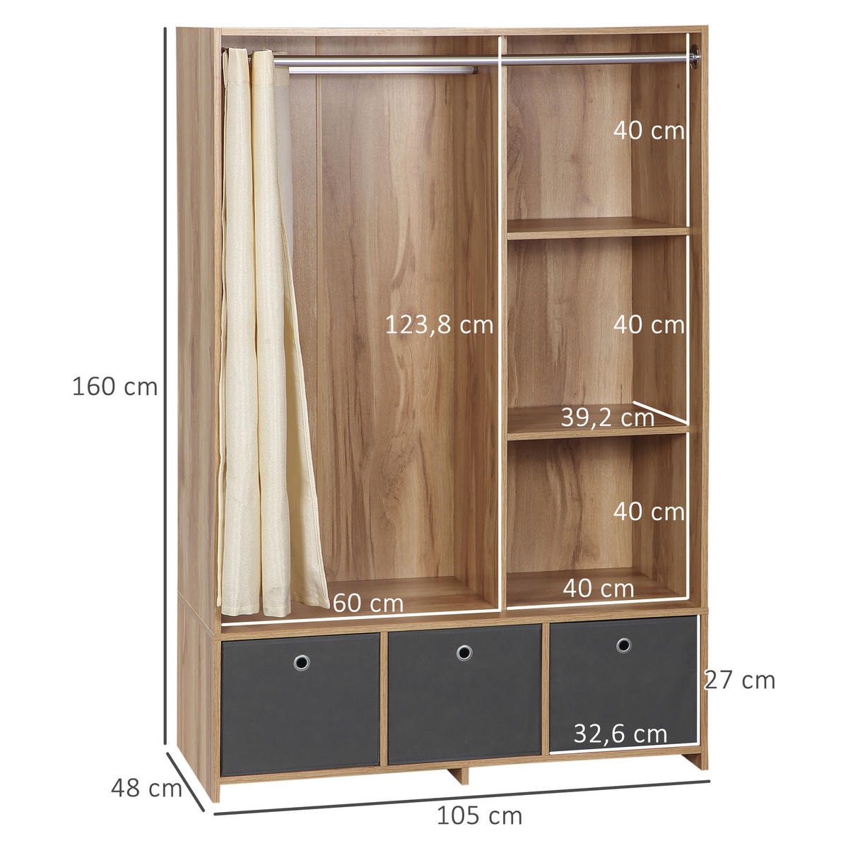 KLEIDERSCHRANK DE-17166 mit Kleiderstange & 3 Stoffschubladen Natur - Naturfarben, Holzwerkstoff (48/160/105cm) - ComfortXL
