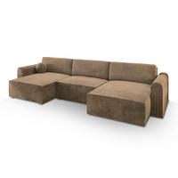 WOHNLANDSCHAFT FENTO M Beige Velours-Stoff mit Schlaffunktion - Beige, Holz (347/90/148cm) - MASSENO