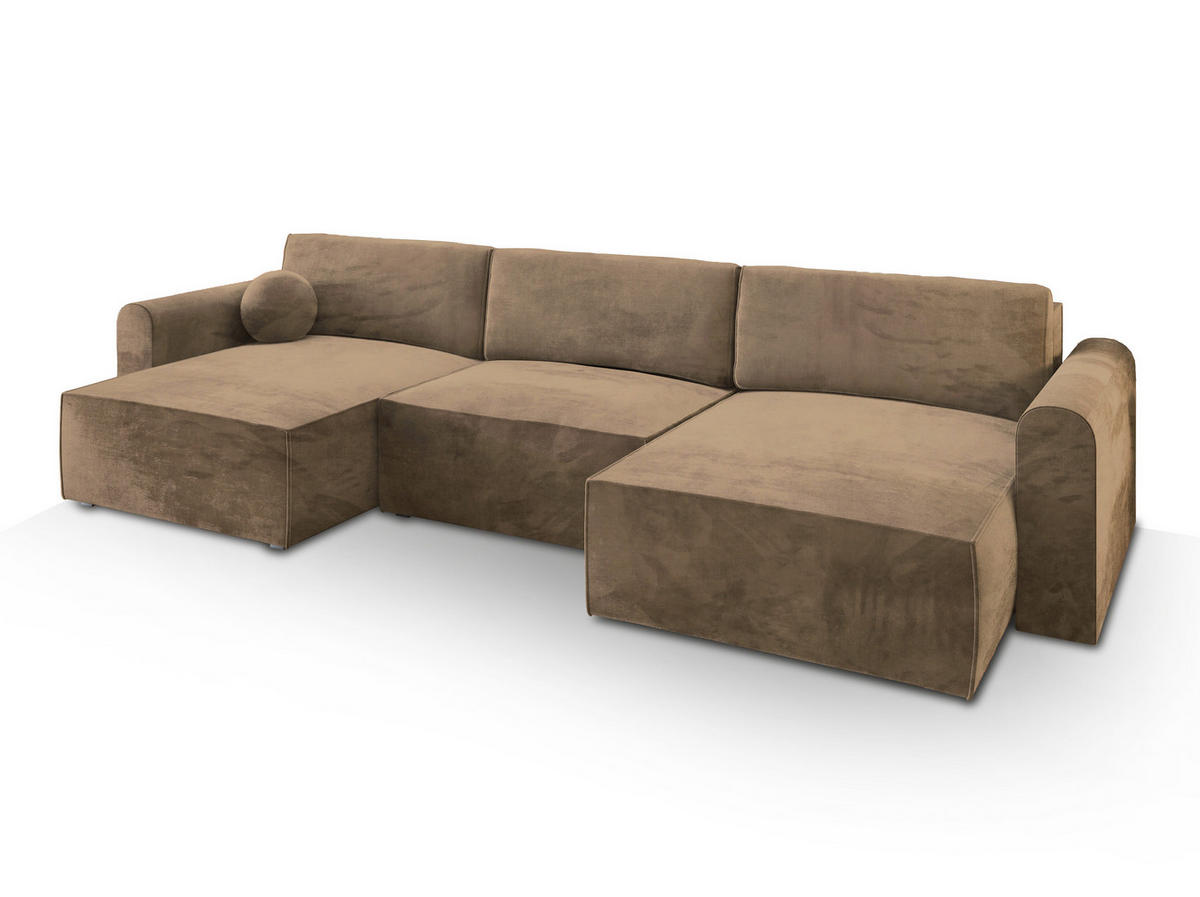 WOHNLANDSCHAFT FENTO M Beige Velours-Stoff mit Schlaffunktion - Beige, Holz (347/90/148cm) - MASSENO
