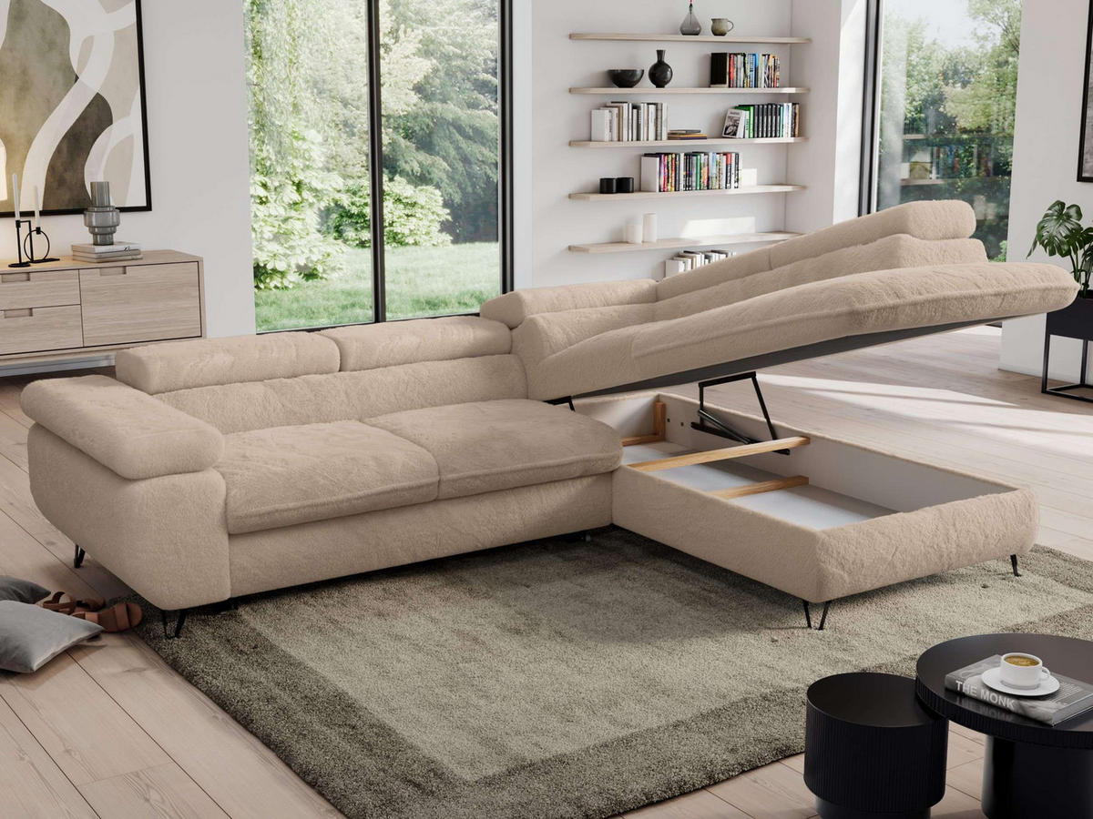 ECKSOFA PEDRO L Beige Plüsch - Rechts Seite - Beige/Schwarz, Textil/Metall (273/208cm) - MKS