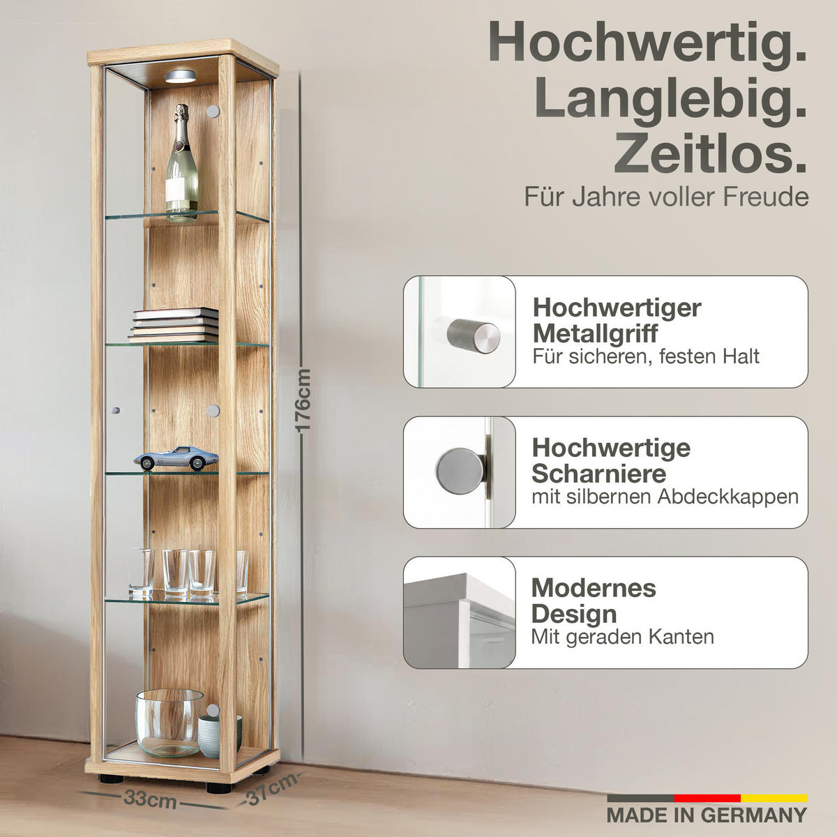 GLASVITRINE 33/37/176 cm mit LED & 4 höhenverstellbaren Glasböden - Transparent/Silberfarben, Glas/Holzwerkstoff (37/176/33cm) - K-Möbel