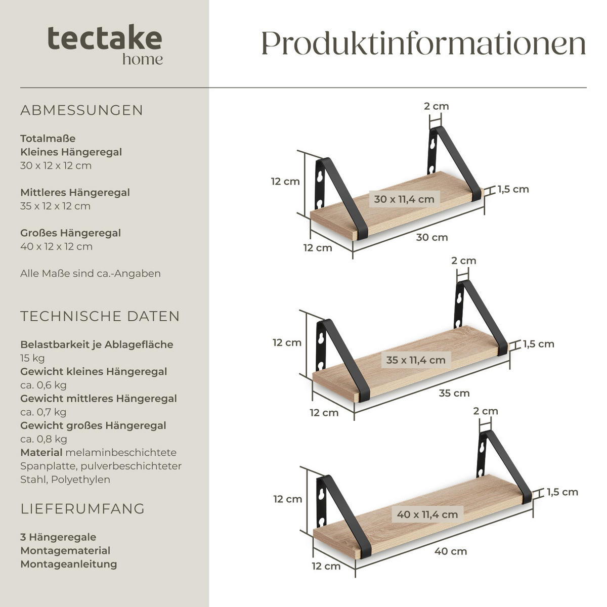 WANDREGAL 3er Set Cowell,Höhe 12 cm, Industrial Holz hell, Eiche Sonoma - Naturfarben, Holzwerkstoff (12/12/40cm) - tectake