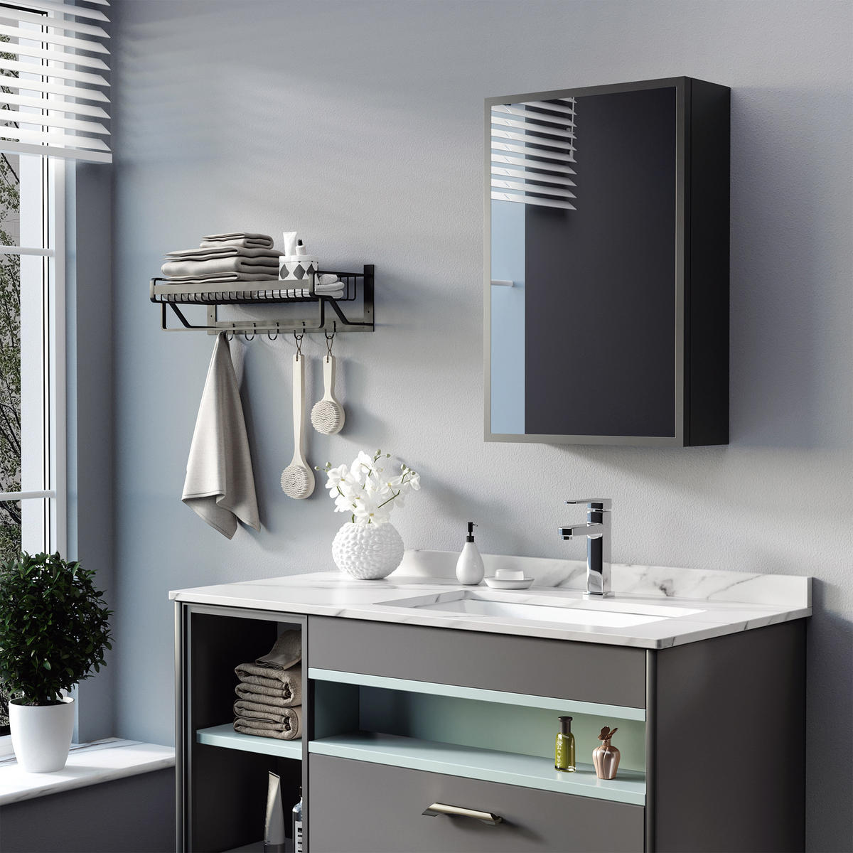 SPIEGELSCHRANK mit 3 Schichten, für Badezimmer, Schlafzimmer, Edelstahl, Schwarz - Schwarz, Glas (15/60/40cm) - Kleankin