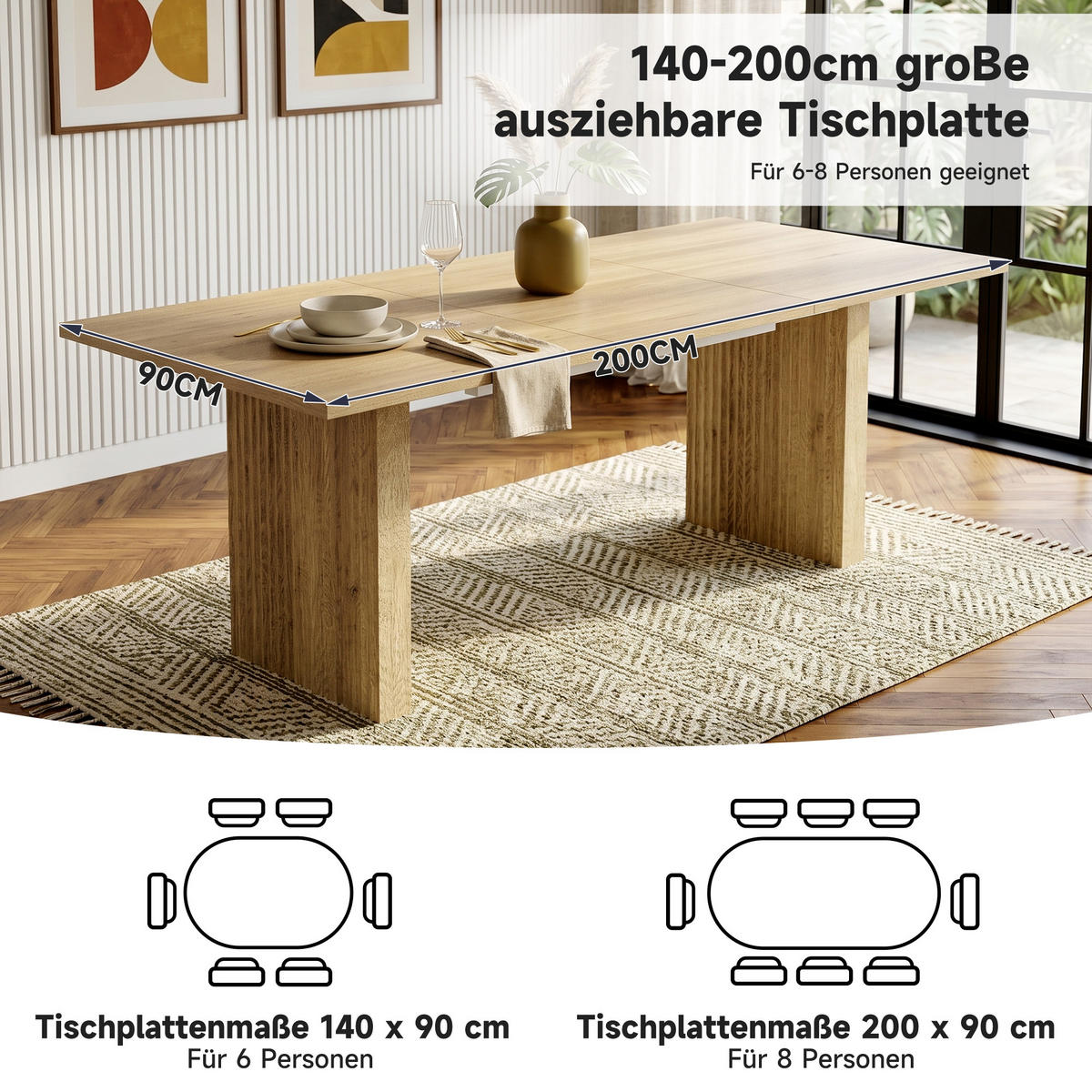 ESSTISCH in Naturfarben Ausziehbarer Küchentisch mit Stauraum für 6–8 Personen, L140(200)/H90 cm - Naturfarben, Holzwerkstoff (200/90/75cm) - STILVORA