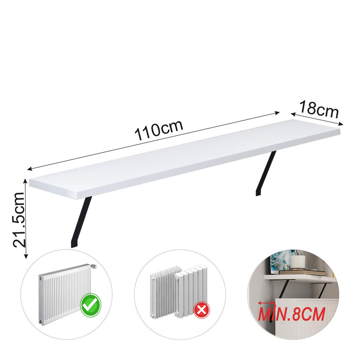 HEIZKÖRPERREGAL ADIN WEIß 110 CM - Schwarz/Weiß, Holzwerkstoff/Metall (110/21/18cm) - moebel17