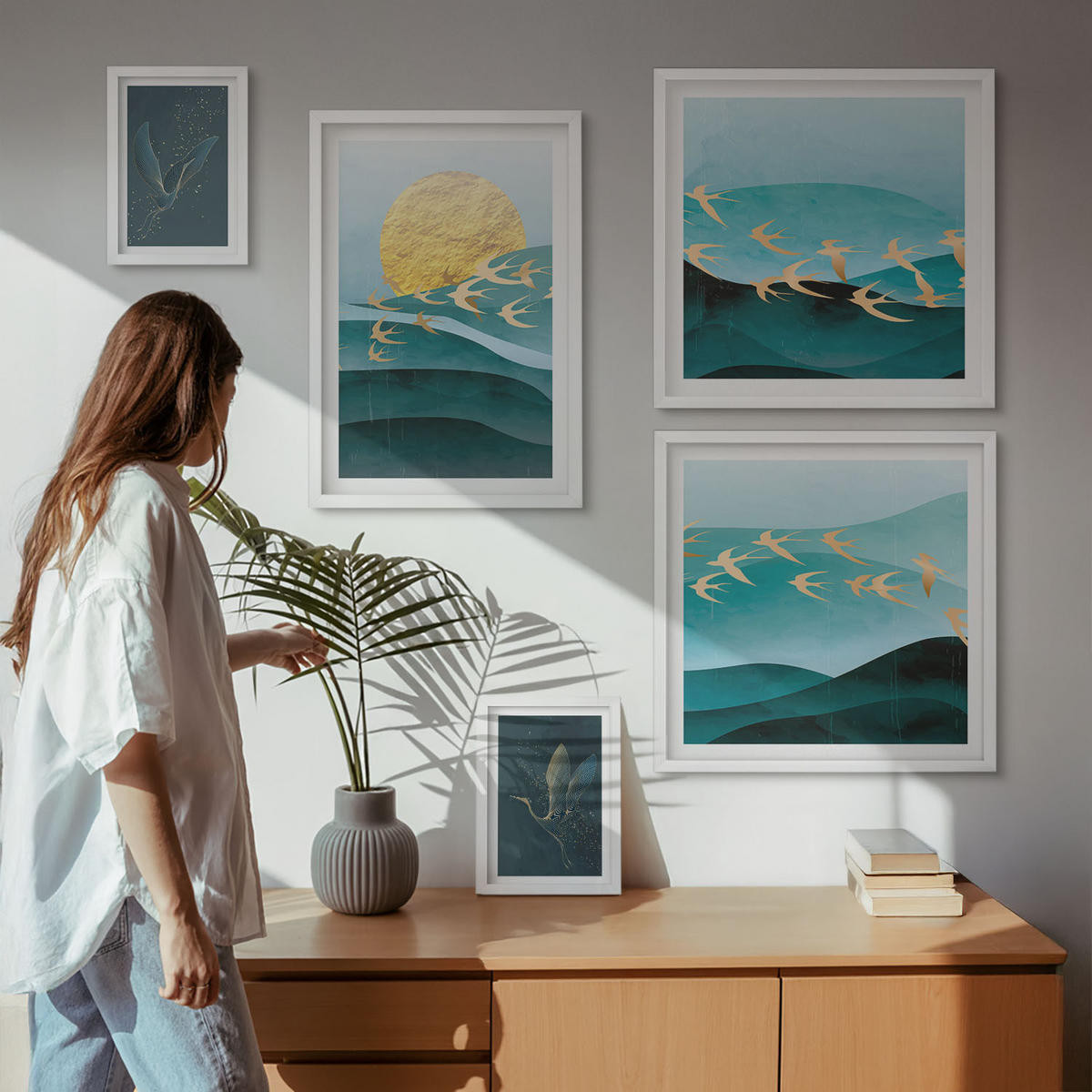 BILDER SET 5er Set - 50x50 cm & 20x30 cm & 40x60 cm Weißer Rahmen - Stilvolle Landschaften mit Vögeln - Weiß, Kunststoff (40/60cm) - TULUP