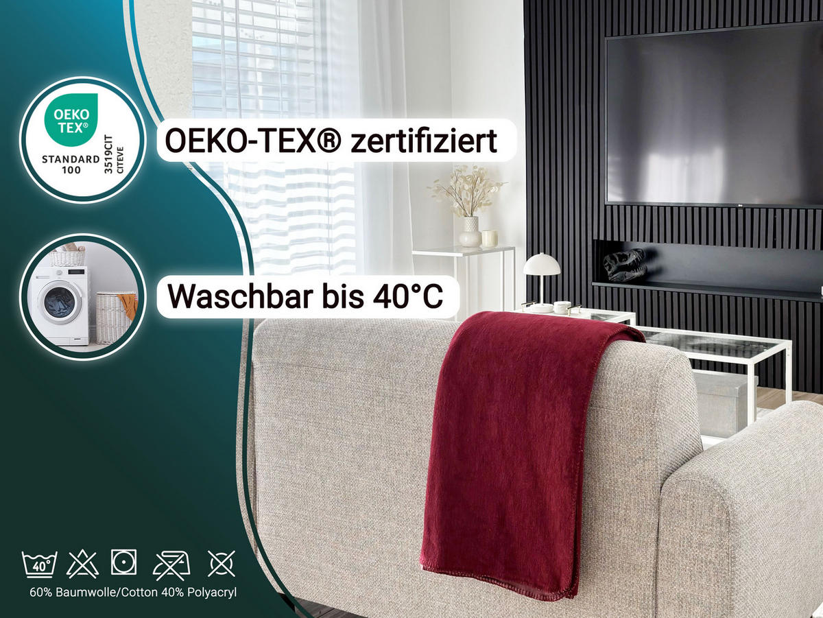 KUSCHELDECKE, 150x200 cm, 60% Baumwolle, 40% Polyacryl, Rot - Bordeaux, Naturmaterialien (150/200cm) - Zollner
