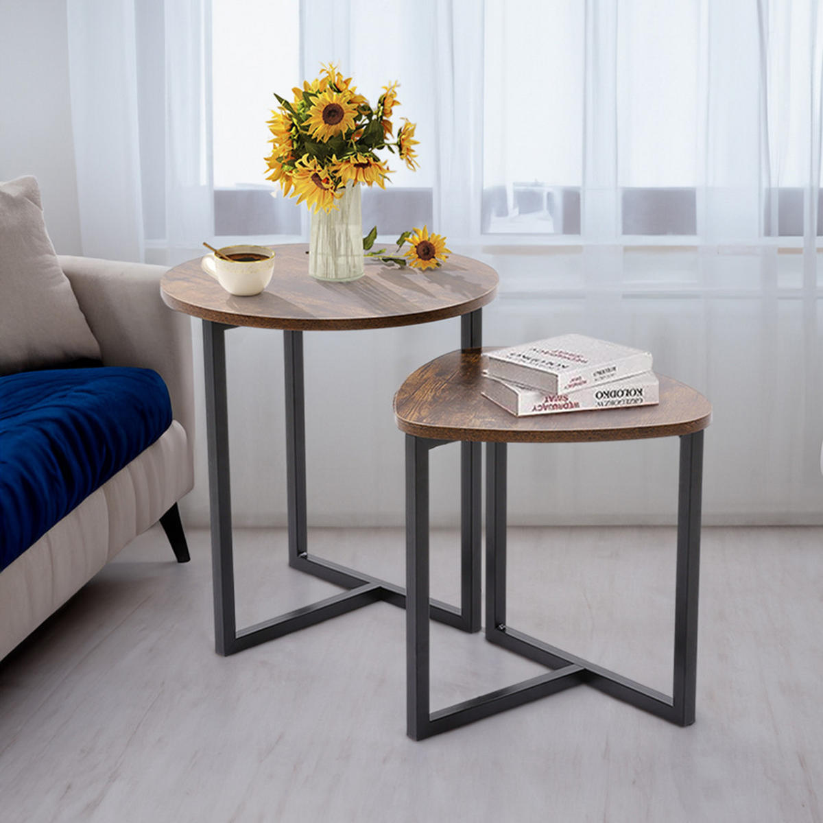BEISTELLTISCH 2er-set aus MDF Metall in Braun Rund & Dreieckig Stabiles Metallgestell 42 × 37 × 40 cm 5,8 kg - Schwarz/Braun, Holzwerkstoff/Metall (37/42/40cm) - Livingandhome